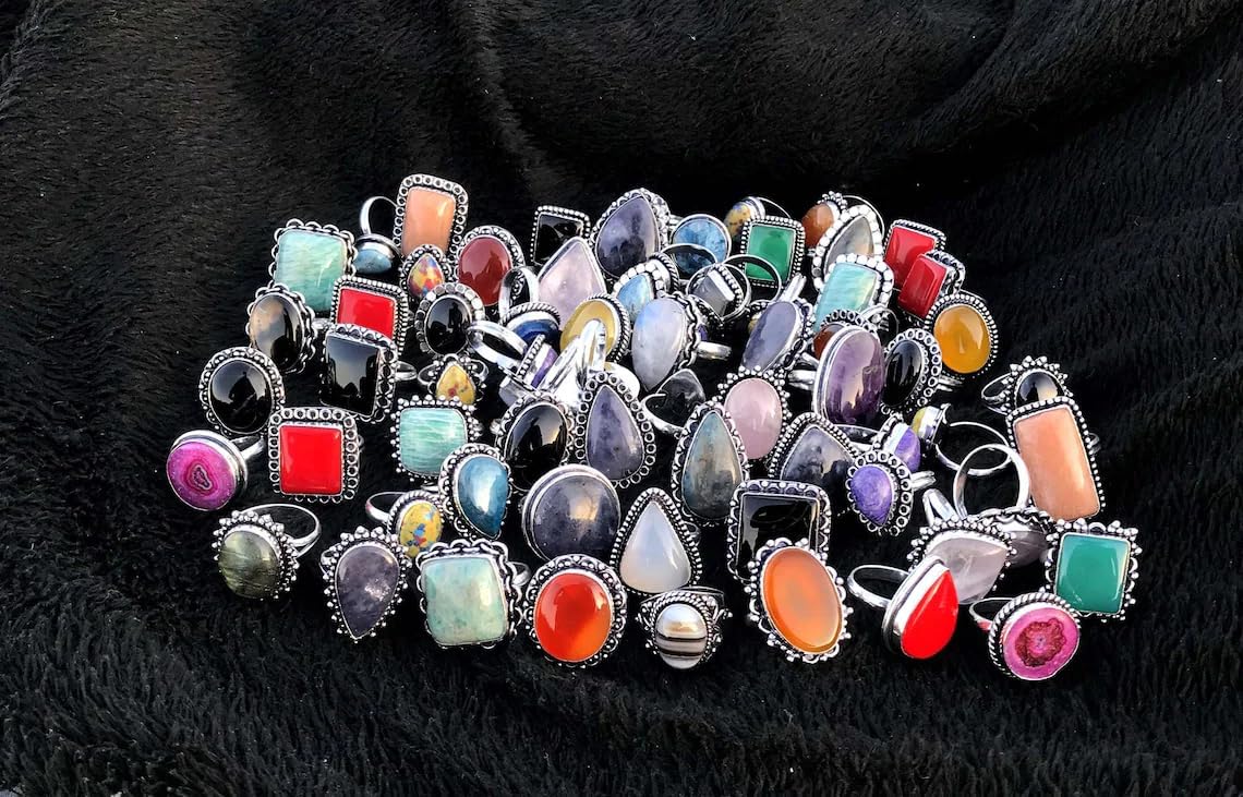 Handcrafted 10 Pcs Stackable Silver Plated Gemstone Rings for Women (US 5 to 12 Size) Vintage Boho Chunky Finger Statement Rings Set Birthday Gift for Women (Classy, Aesthetic & Comfortable)