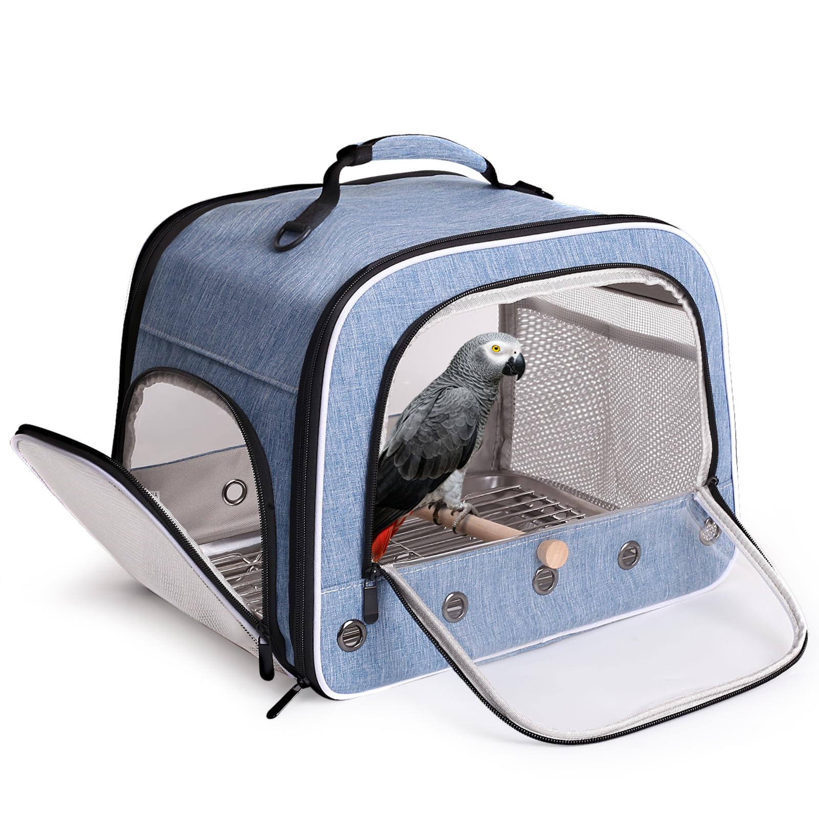 halinfer Bird Travel Carrier Cage for Large Size Parrot, Portable Bag with Metal Tray and Grate to Carry and Transport Medium and Large Birds Like African Grey, Long Tail Cockatiel and Parrot