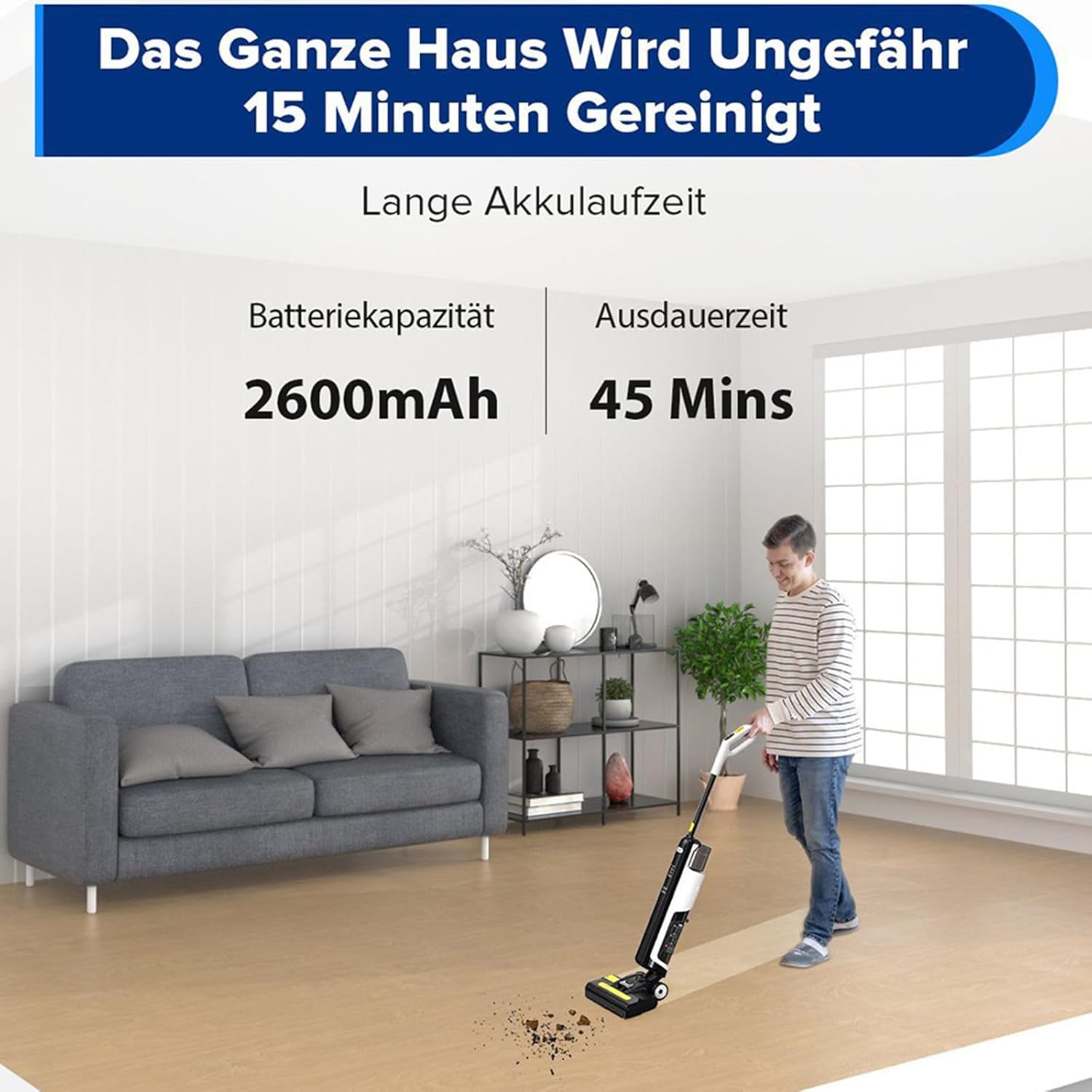 Person using Redkey W12SE in a living room, illustrating its long battery life.