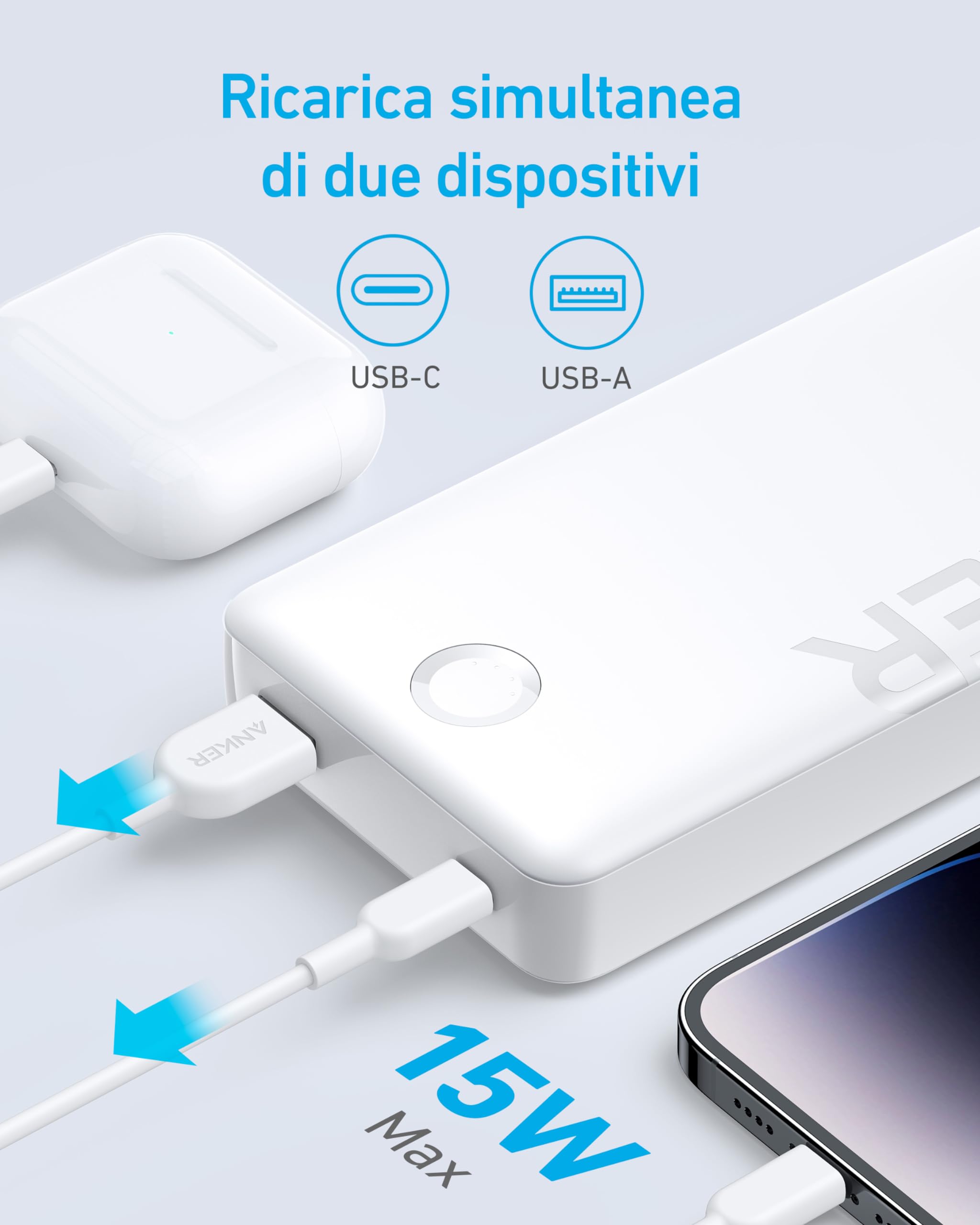 Anker Powerbank, 325 power bank (PowerCore 20K II), batteria da 20.000 mAh con porta USB-C (input & output), potenza massima di 15 W per iPhone, Samsung e altro ancora(Bianco)