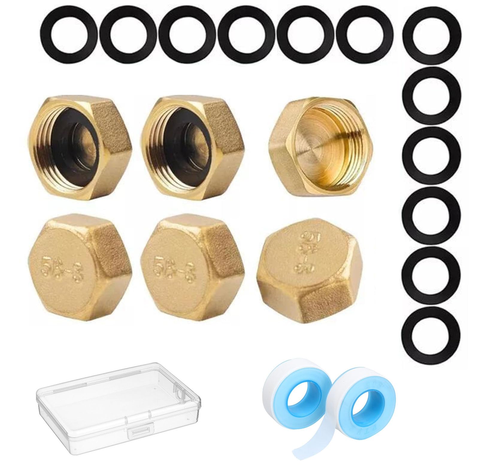 6PCS 3/8 inch Brass Blanking Cap Female Blanking Stop Cap with Washers Leak-Proof Female Blanking Stop Cap with Storage Box for Washing Machine Tap Angle Valve Faucets Tap
