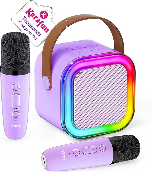 The purple IROO Mini Karaoke Machine, showcasing its compact design and included wireless microphones.