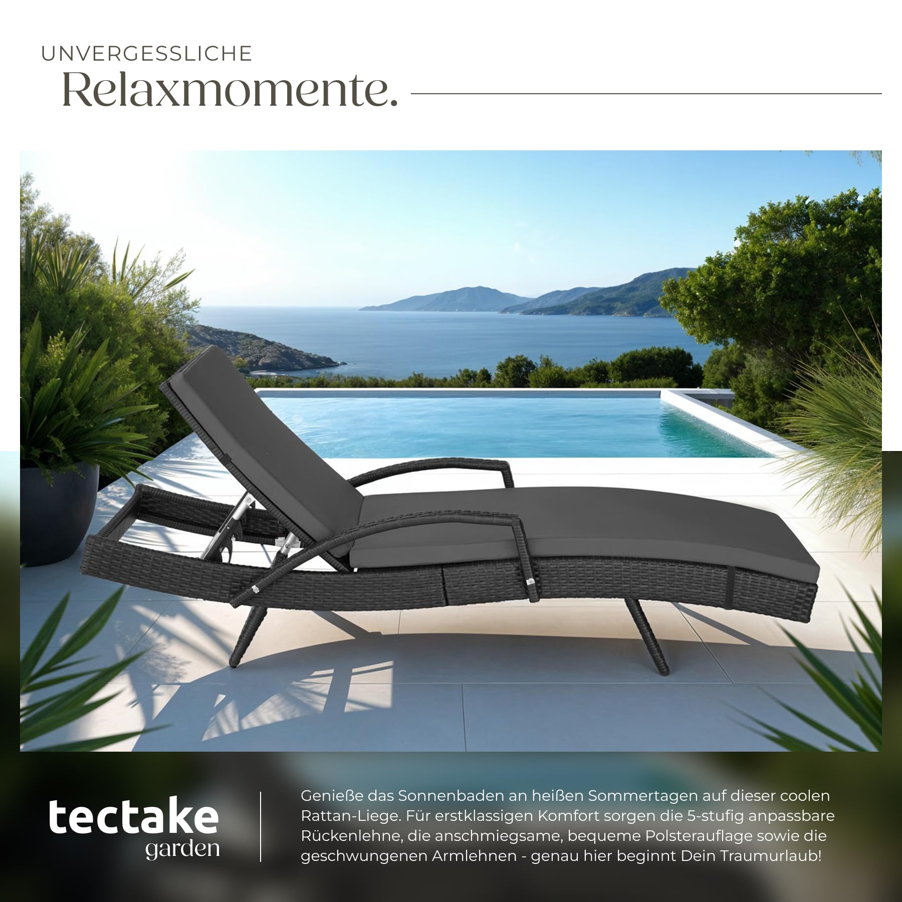 tectake® Polyrattan Sonnenliege, Alu Gartenliege mit 5-Fach Verstellbarer Rückenlehne, wetterfest, Outdoor Relaxliege mit weicher Polsterauflage, Rattanliege für Garten, Balkon und Terrasse - schwarz