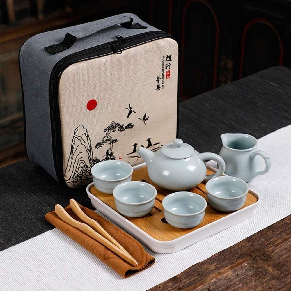 Chinesisches Kung-Fu-Tee-Set aus Keramik, tragbares Reise-Fu-Teeset mit Holz-Teetablett, handgefertigt, Vintage-Tee-Set, Ge Yao Ru Yao Reise-Tee-Set, Blau