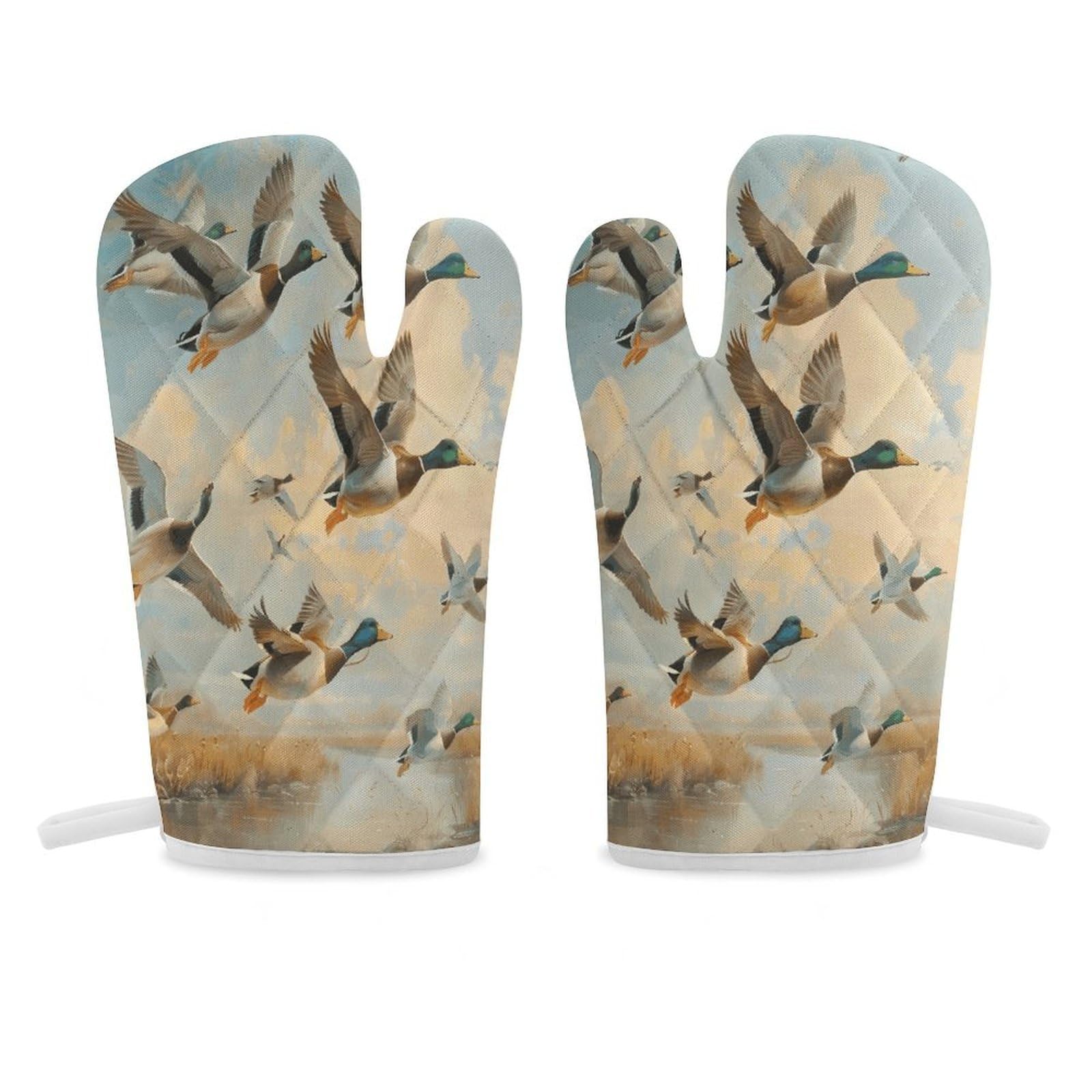 Hunting Flying Wild Ducks Oven Mitt Heat Resistant Potholder Set,Durable Oven Gloves for Gifts,Glove Pot Holder for Cooking Baking Grilling BBQ