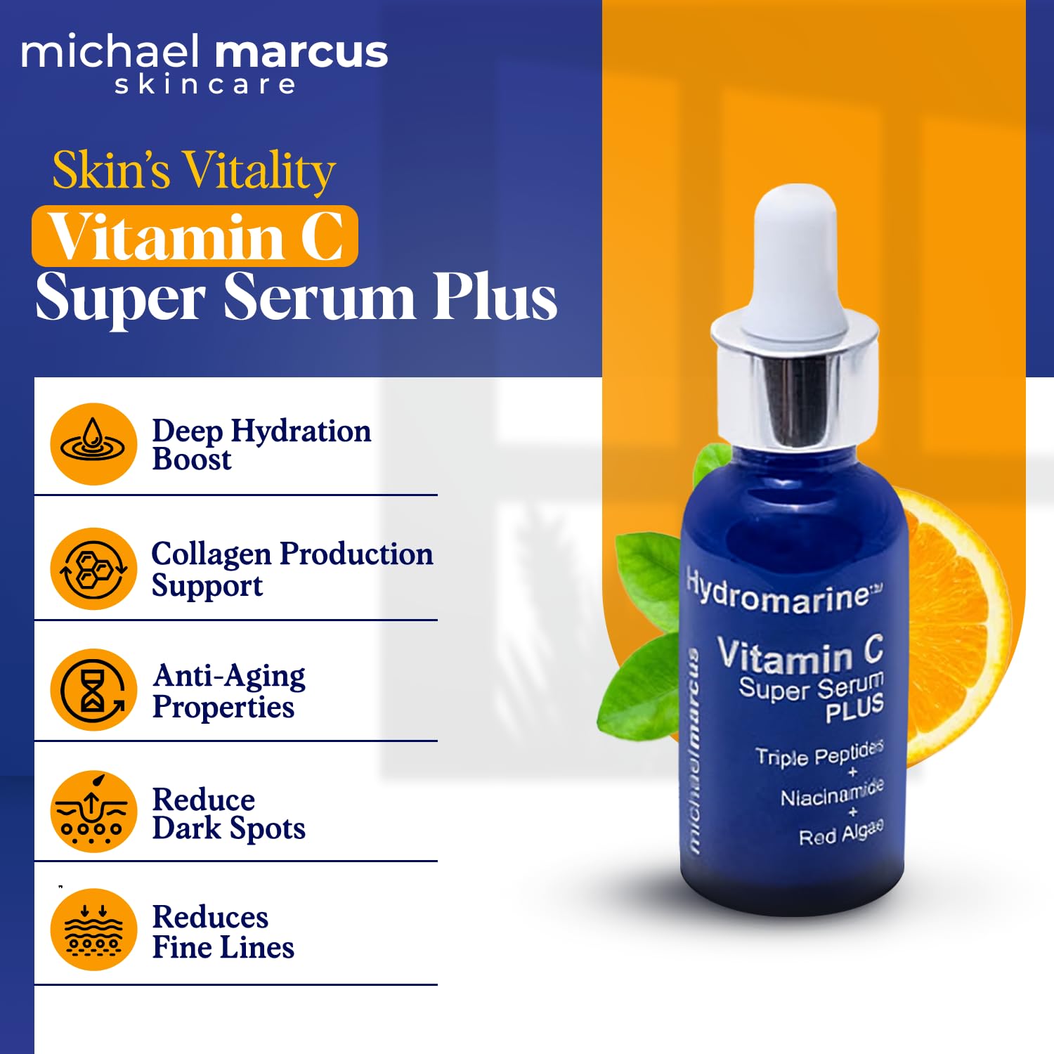 Michael Marcus Hydromarine™ Vitamin C Face Serum PLUS with Hyaluronic Acid & Triple Peptides - Reduce Dark Spots, Anti-Wrinkle, Anti-Aging, & Skin Brightening Vitamin C Serum - (30ml, 1 fl. oz)
