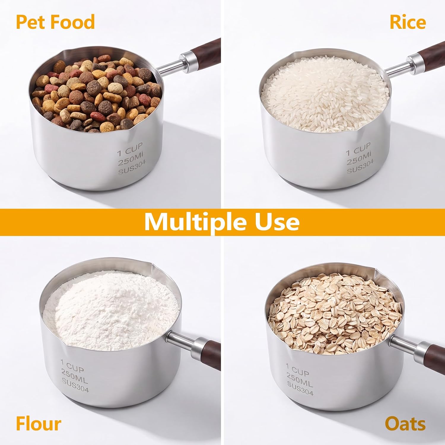 Ondware Pet Food Scoop, 1 Cup, 304 Stainless Steel, Wooden Handle