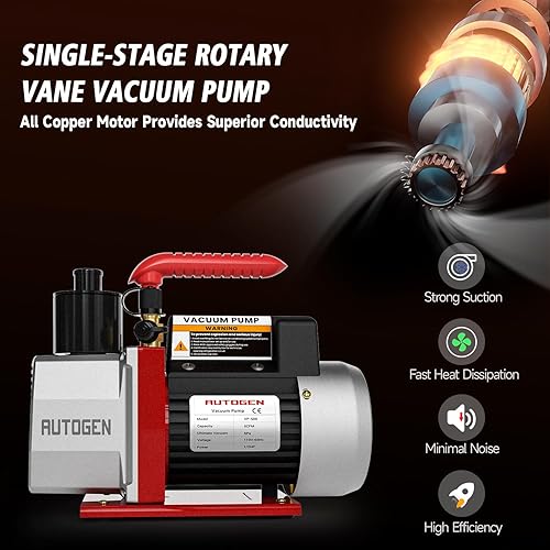 Miniatura 2 de Bomba de vacío 5CFM, bomba de vacío HVAC de 12 HP de 38 micrones 110 V para R12 R22 R134a R410a, 1 etapa para recarga de refrigerante HVACAUTO CA,