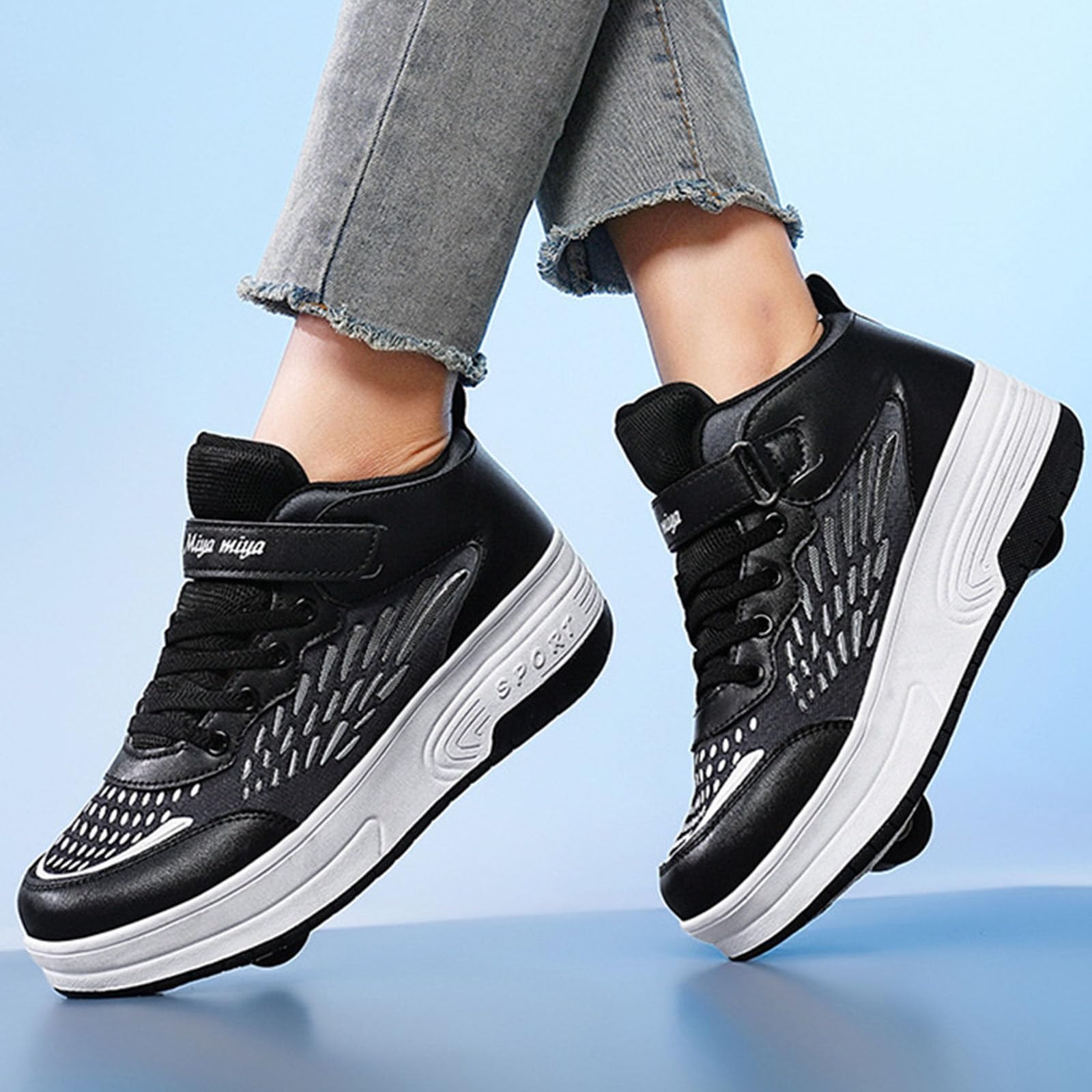 Surwin Chaussures roulettes Enfant, Chaussures de Skateboard Mi-Montante Fille Garçon avec Roues Arrière Rétractables, Boucle en Nylon Basket à roulettes Sneakers Roller Respirant