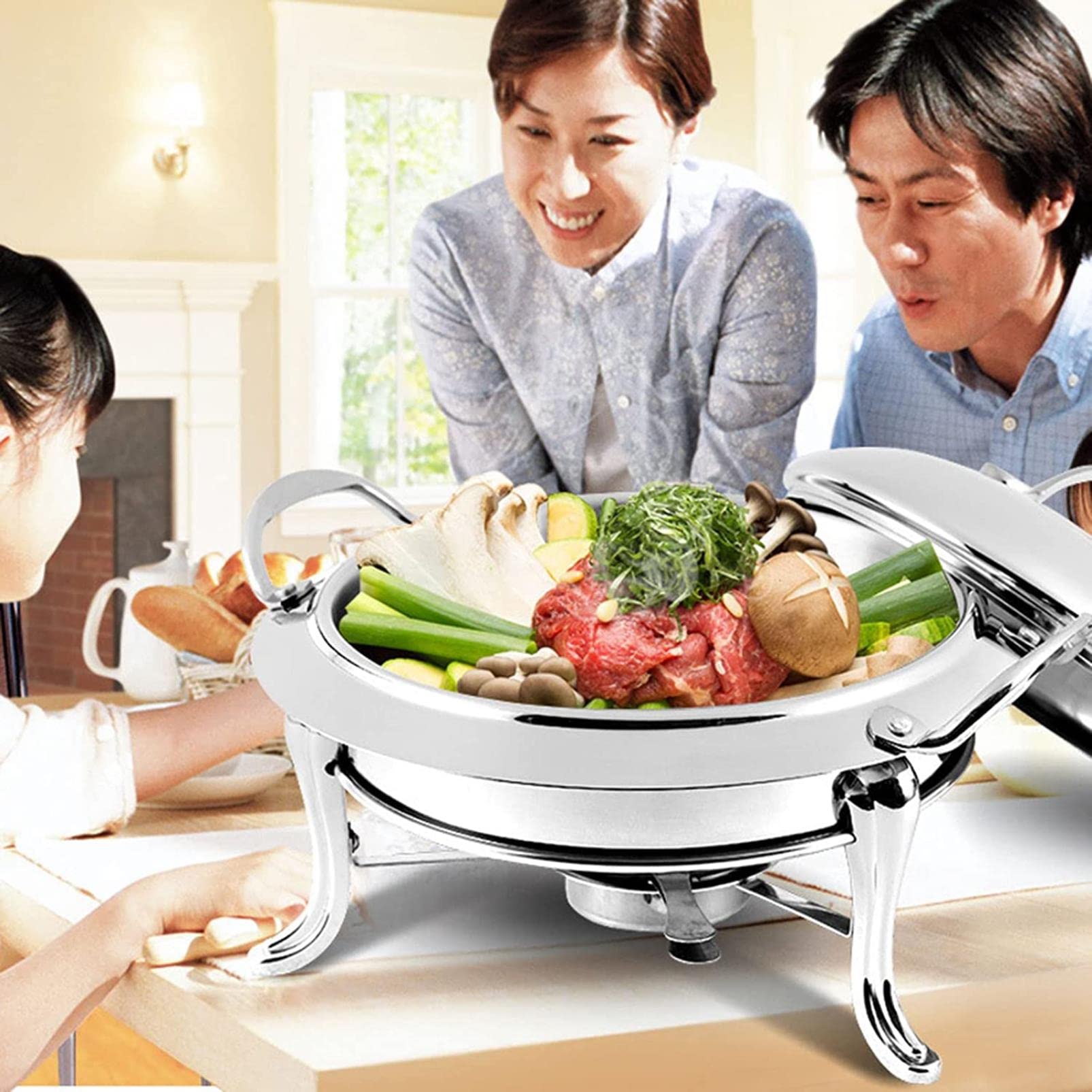 EXBERT Servidor de Buffet eléctrico, Paquete de 2 Platos Redondos de tamaño Completo, Servidor de Buffet de Acero Inoxidable de 3 litros con Bandeja para Alimentos, Tapa y Soporte para Combustible,