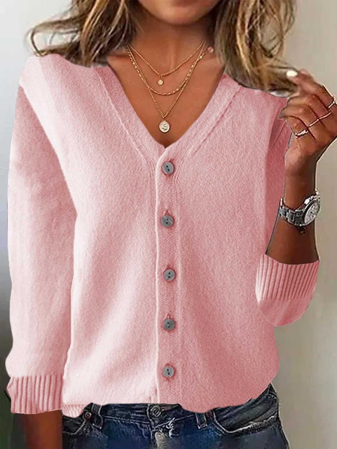 ZOCANIA Button Down Sweaters for Women V Neck Long Sleeve Knit Womens Cardigan Lightweight Solid Color Women's Sweater - Image 2