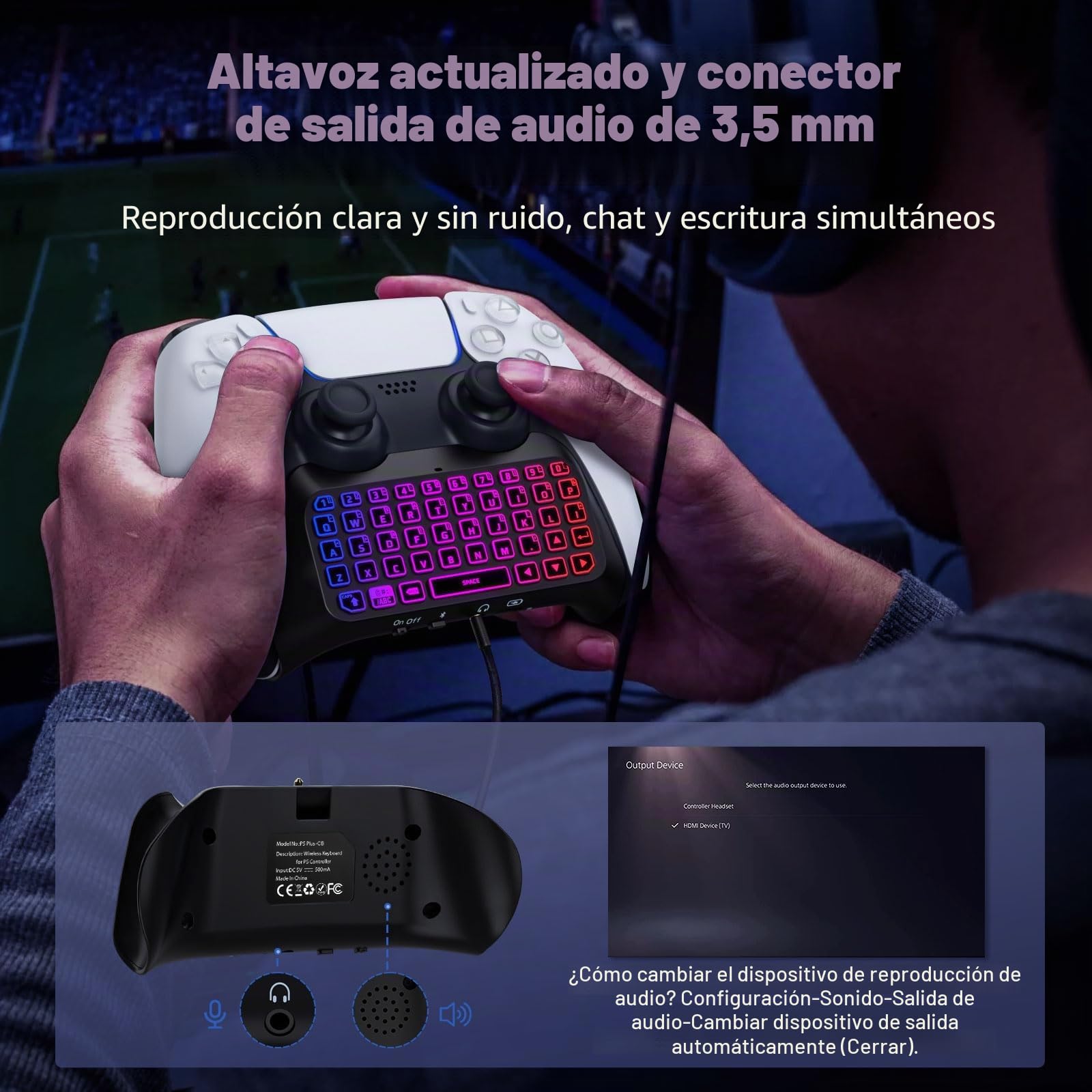 MoKo Teclado Inalámbrico con Retroiluminación RGB para Mando PS5, Mini Teclado Bluetooth para PlayStation 5 con Luz Colorida Altavoz Integrado Mejorado y Conector de Audio de 3,5 mm PS5 Accesorios