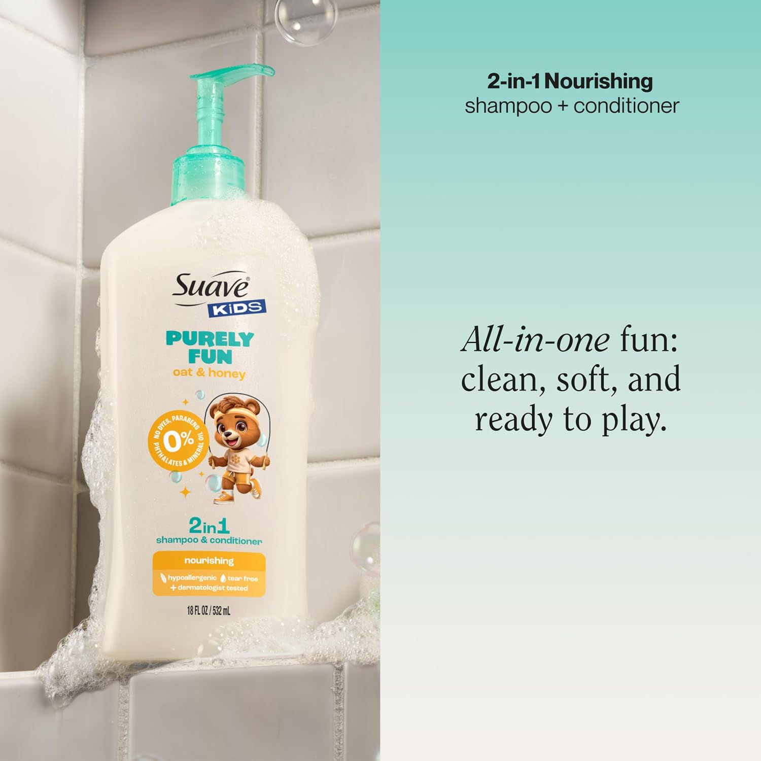 Suave Kids Purely Fun, Shampoo and Conditioner 2-in-1, Oatmeal and Honey, Tear Free, with 100% natural Oat & Honey, 0% dyes, parabens, phthalates and mineral oil, 18 oz