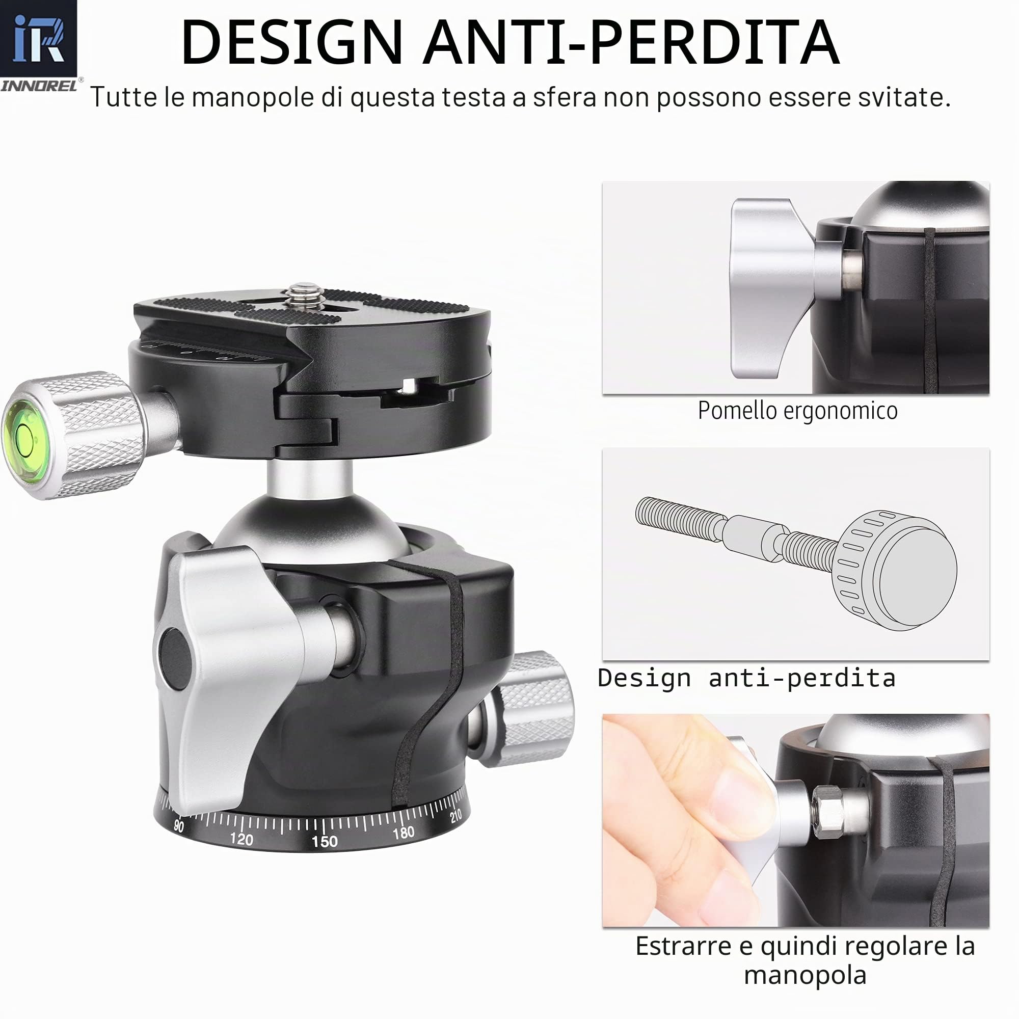 INNOREL E40 Testa a sfera per treppiede in metallo CNC panoramica a 360°con piastra a sgancio rapido universale Arca Swiss per treppiedi, monopiede, fotocamere DSLR, videocamera, carico massimo 20 kg