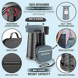 NUMANU 2025 Upgraded Collapsible Stool & 3IN1 Cushioned Carry Bag, Max 620lbs, 18 Height Adjustable Portable Stool Retractable Telescoping Seat, Foldable Camping Stool for Adults or Footrest (Square)