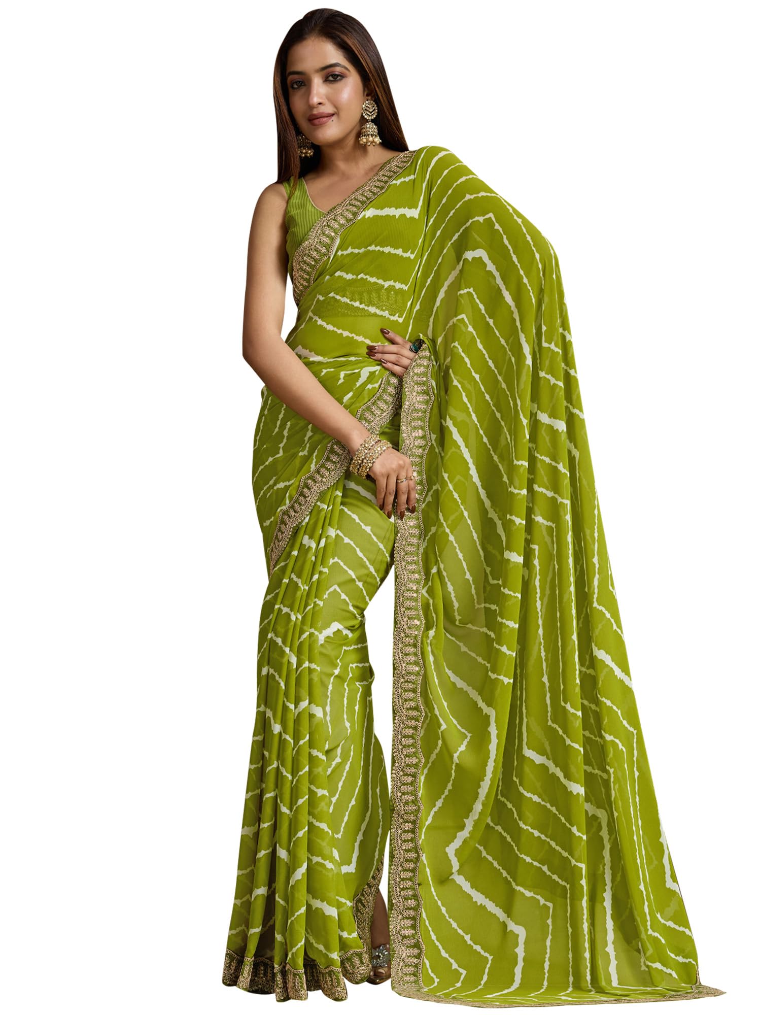 akhilam Women's Georgette Striped Printed Saree With Unstitched Blouse Piece (MAYURI6001_AB_Parent)-picture-14