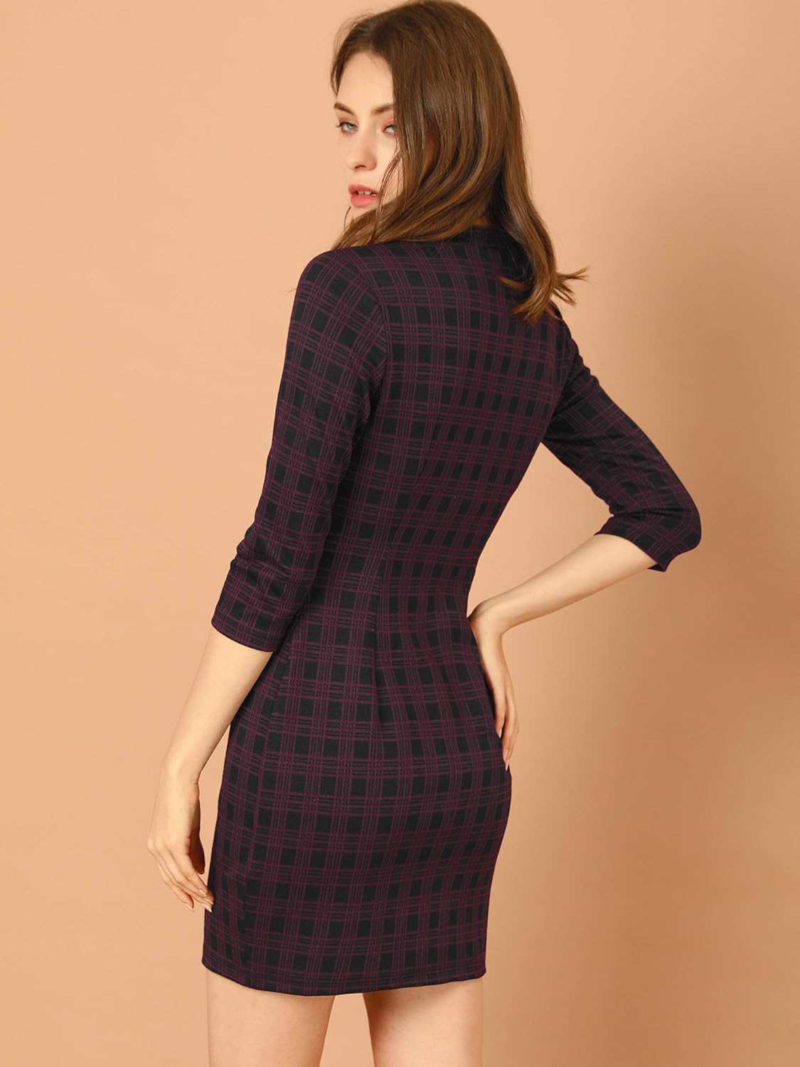 Allegra K Women's Mock Neck 3/4 Sleeve Slim Check Office Work Plaid Dress - Image 5