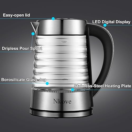 Miniatura 4 de NKOVE Tetera eléctrica de vidrio, caldera de agua con control de temperatura de 1.8L, inalámbrica con luz LED, 60 onzas, color plateado