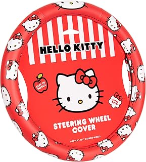 Hello Kitty Steering Wheel Cover Official Sanrio Car Accessory Universal Size 14.5 to 15 Inch Cute Red Design for Women Girls Sedans SUVs Trucks, Anti-Slip Grip, Stretch-Fit Design