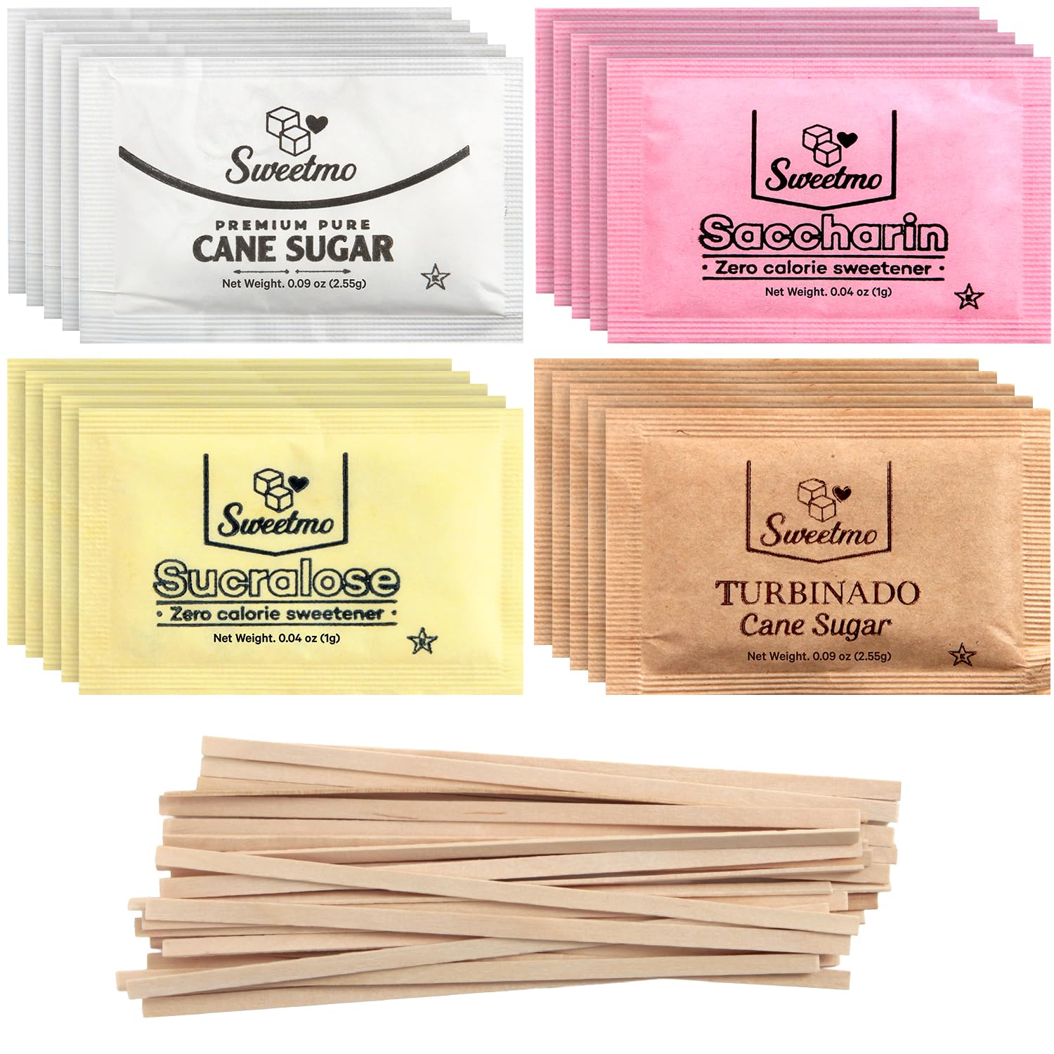 Sweetmo Sugar Packets Variety Pack - Sucralose, Raw Sugar, Saccharin, Cane Sugar with Wooden Stirrers - 300 Count for Coffee, Tea, Office Breakrooms, Home & Airbnb