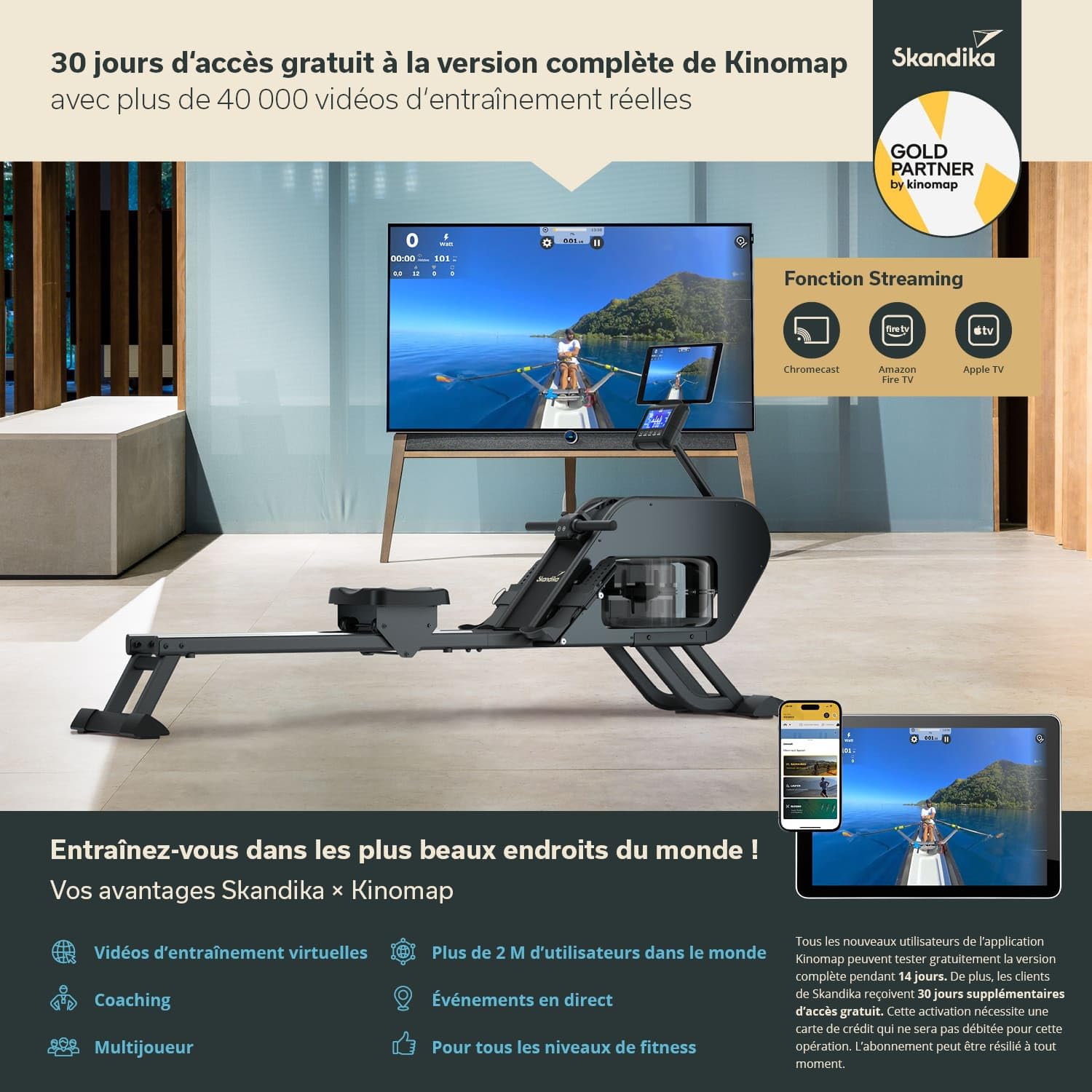 Skandika Rameur à Eau Nemo III | Rameur d'appartement avec résistance à l'eau, Compatible Kinomap, Bluetooth, Console LCD, Support Tablette, jusqu'à 150 kg | Rameur