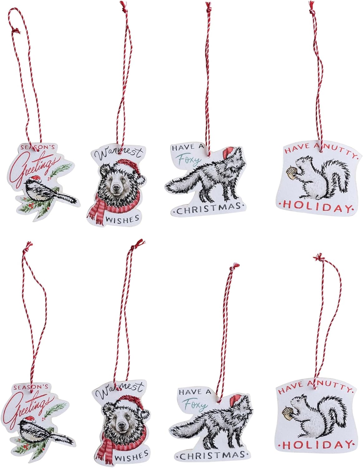 Creative Co-Op Printed Paper Ornaments/Gift Tags with Holiday Saying, Animal and Embroidery, Multicolor, Set of 8
