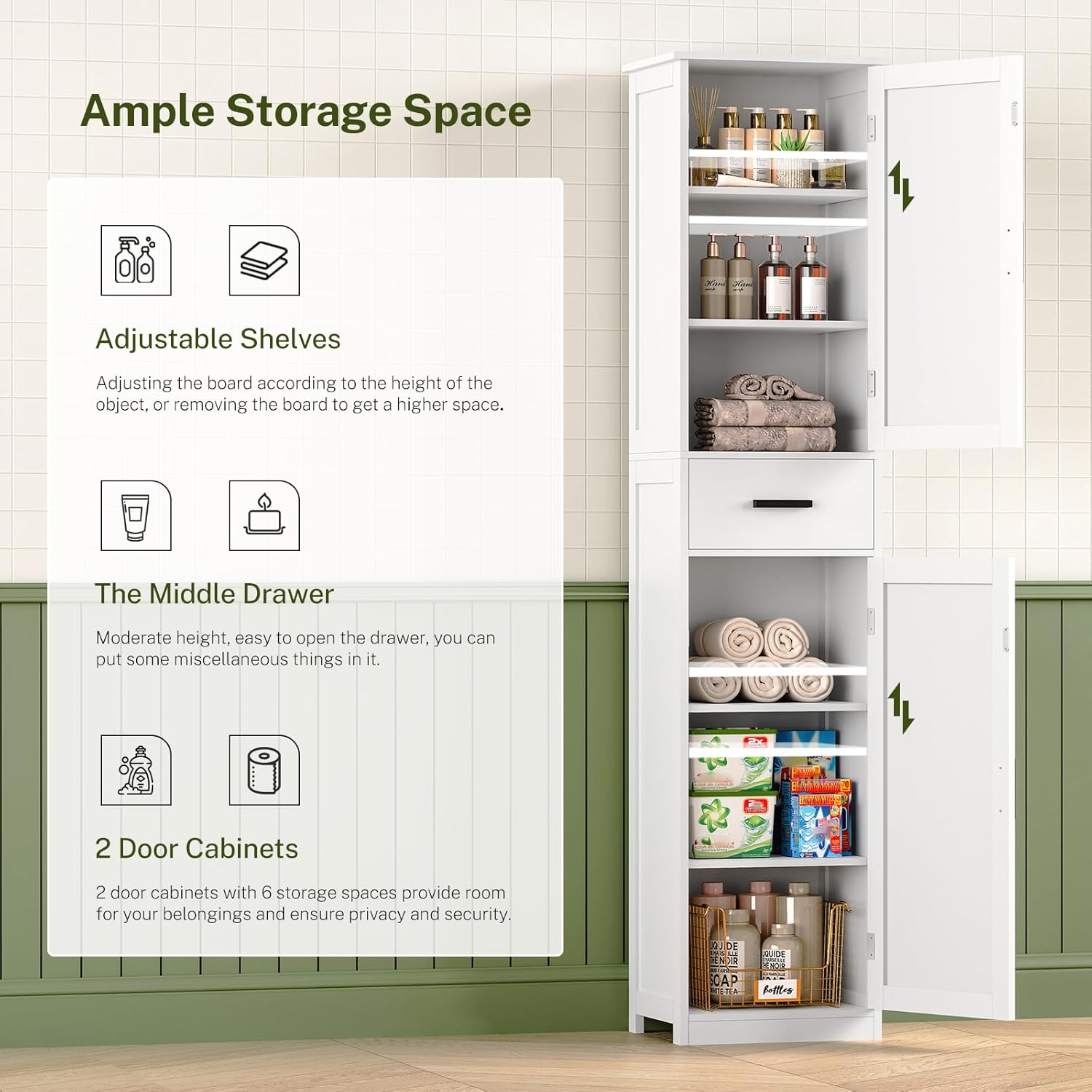 FIONESO Tall Bathroom Cabinet with open doors showing adjustable shelves and drawer