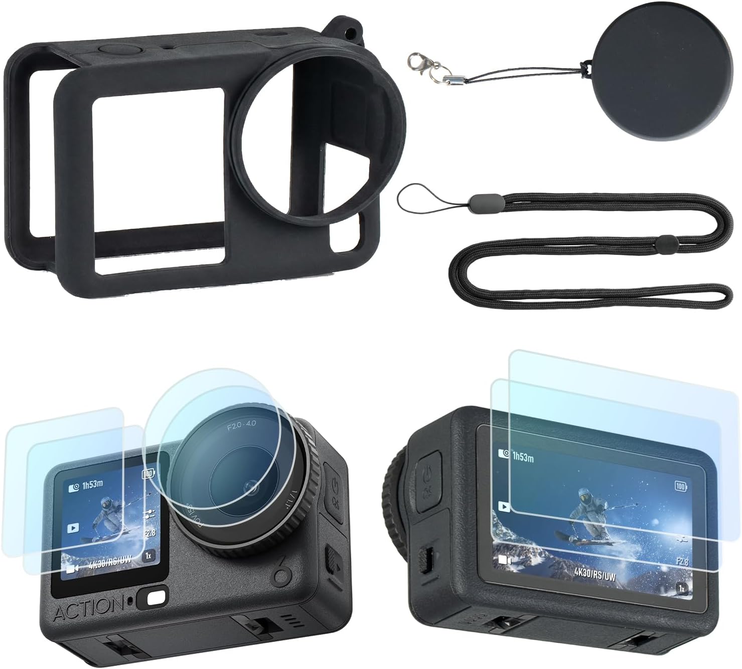 HSU Silicone Protection Kit for Osmo Action 6, Silicone Case and Lens Caps, Screen Protectors and Adjustable Strap, Accessories Kit for Osmo Action 6