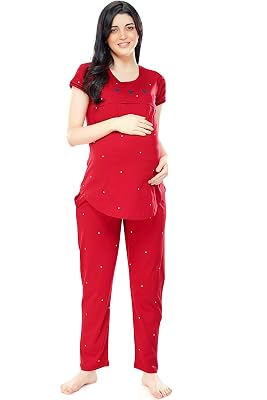 ZEYO Women's Cotton Dot Printed Red Maternity & Feeding Night Suit Set of Pajama Set 5330, 2XL