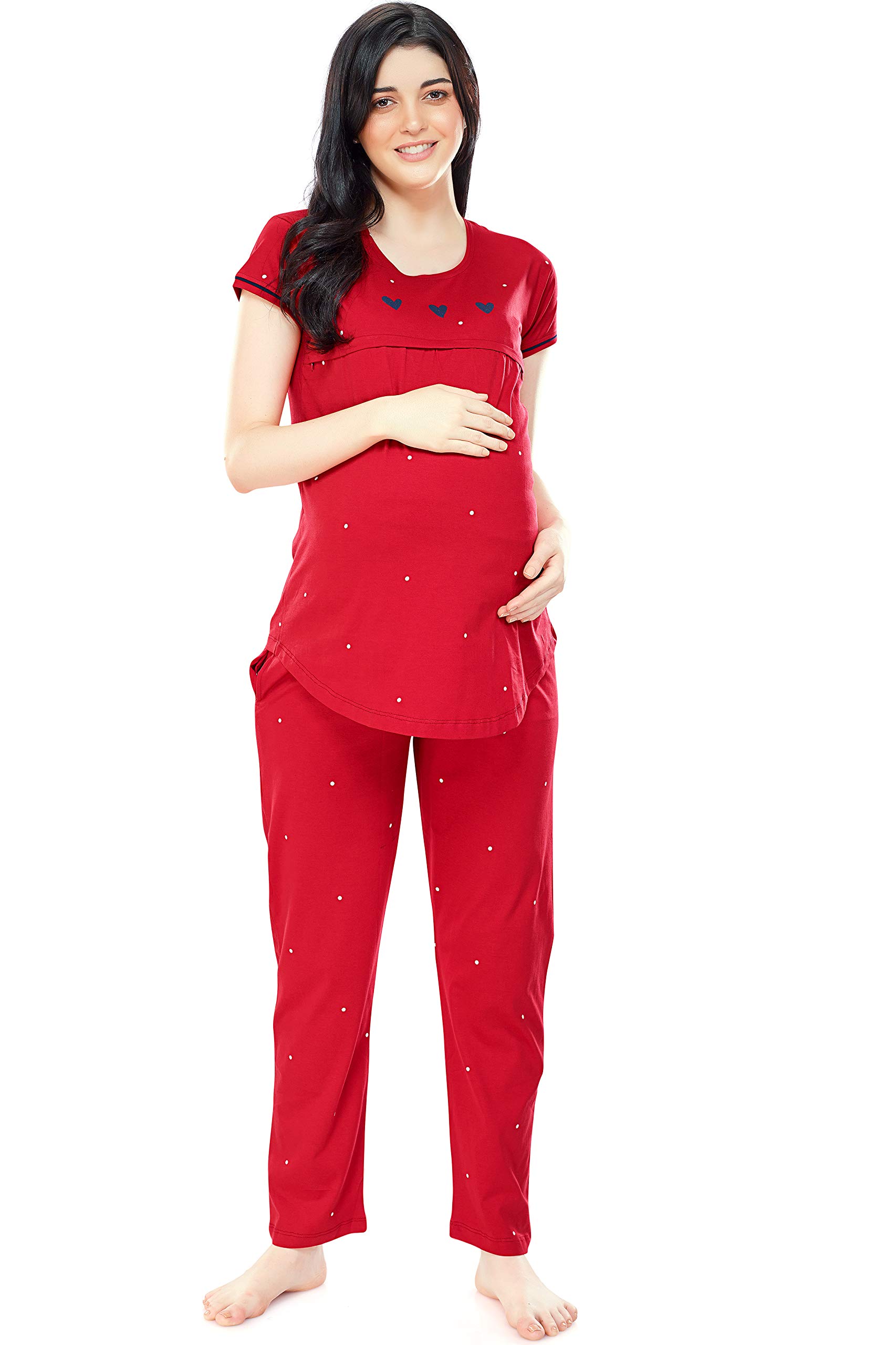 ZEYOWomen's Cotton Dot Printed Maternity & Feeding Night Suit Set Of Top & Relaxed Pyjama Nursing Night Dress 5330
