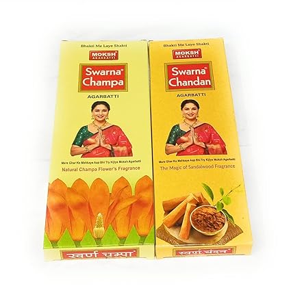Moksh Combo of Swarna Champa (70gm Pack) and Swarna Chandan (55gm Pack) - Premium Incense Sticks - Pack of 12 (6 of Each Variety)