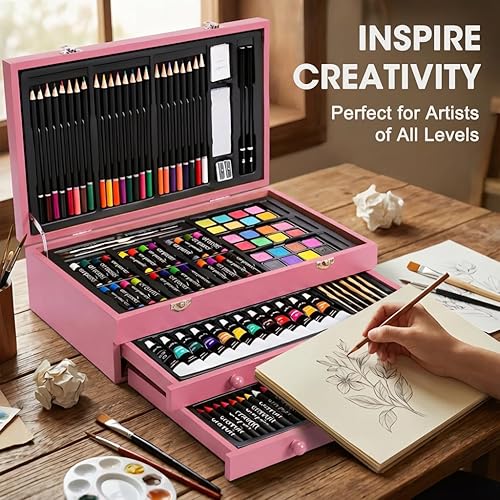 Miniatura 4 de Juego de arte de lujo de 175 piezas con 2 blocs de dibujo, pinturas acrílicas, lápices de colores, juego de pintura en estuche de madera, kit de