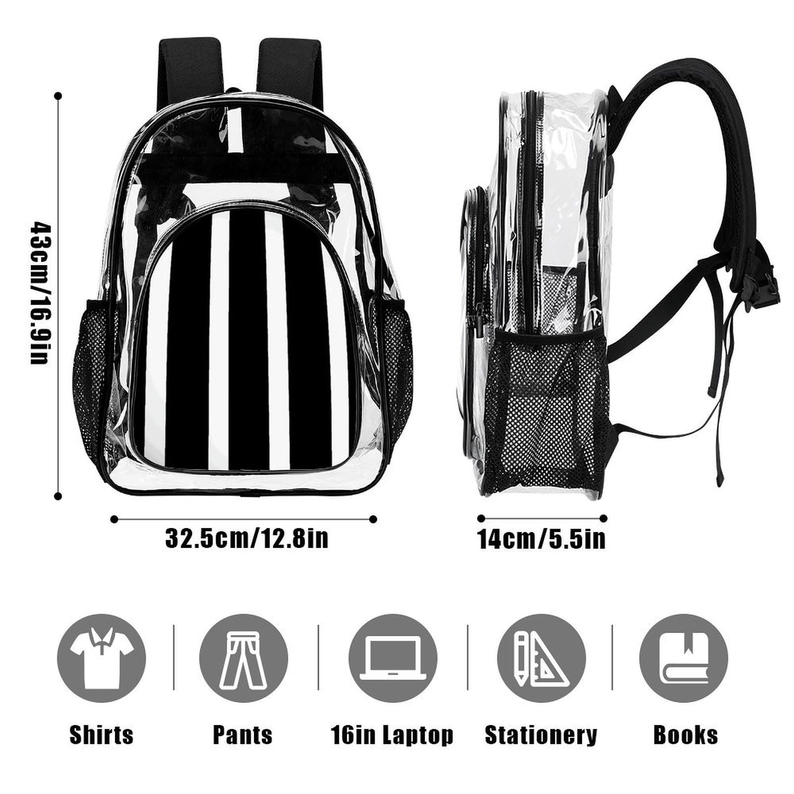 Rucksack, gestreift, transparent, PVC, für Sicherheit, Arbeit, Reisen, Stadion, Schwarz / Weiß