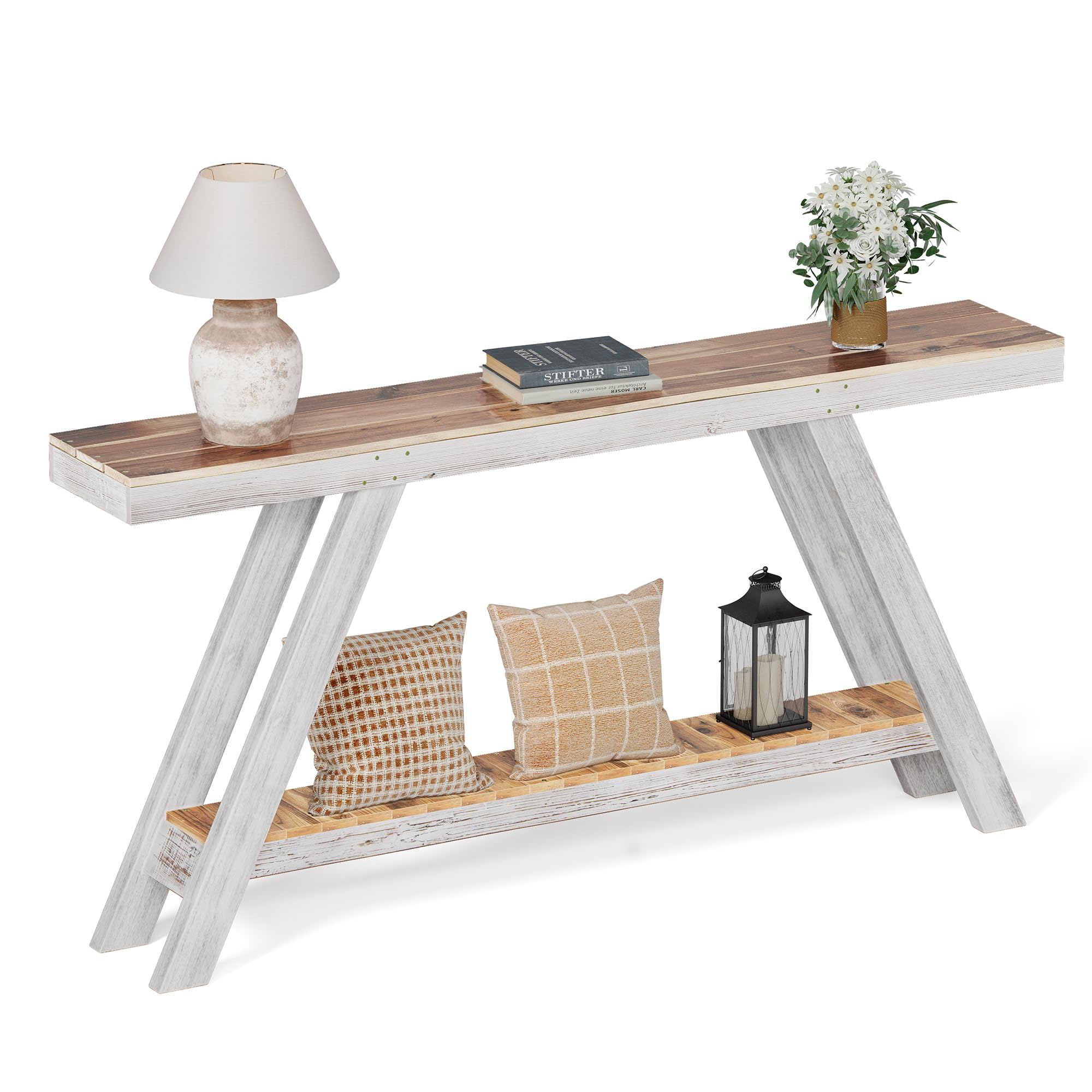SMARTSTANDARD 60 Inch Farmhouse Console Entryway Table, Reclaimed Wood Console Table for Entrance, 2 Tiers Narrow Long Behind Sofa Table,Rustic Entry