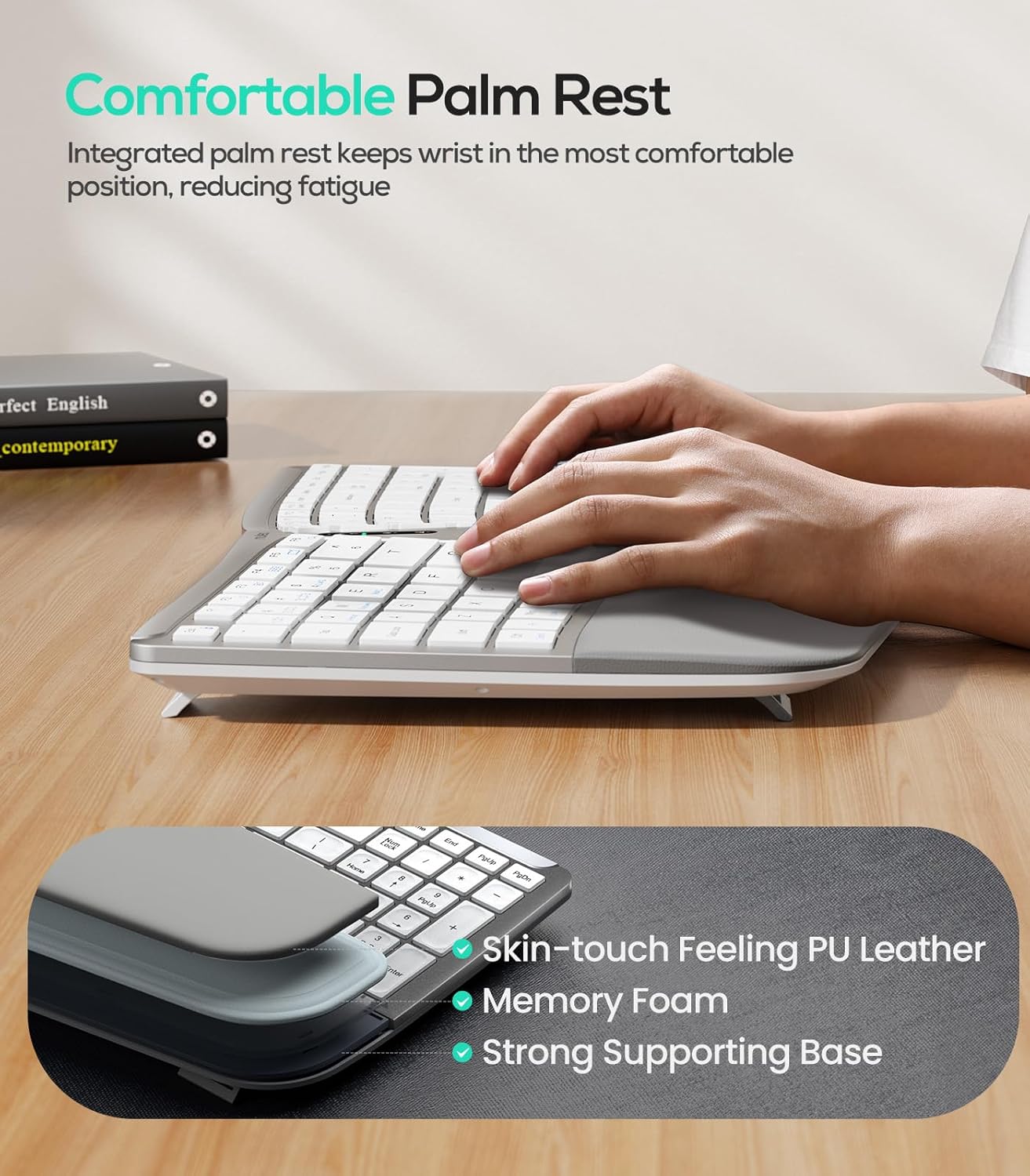 Nulea RT07B Wireless Ergonomic Keyboard - Split Keyboard, Wrist Rest, Natural Typing, Bluetooth and USB Connectivity, USB-C Rechargeable,Compatible with Windows Mac (Silver White)