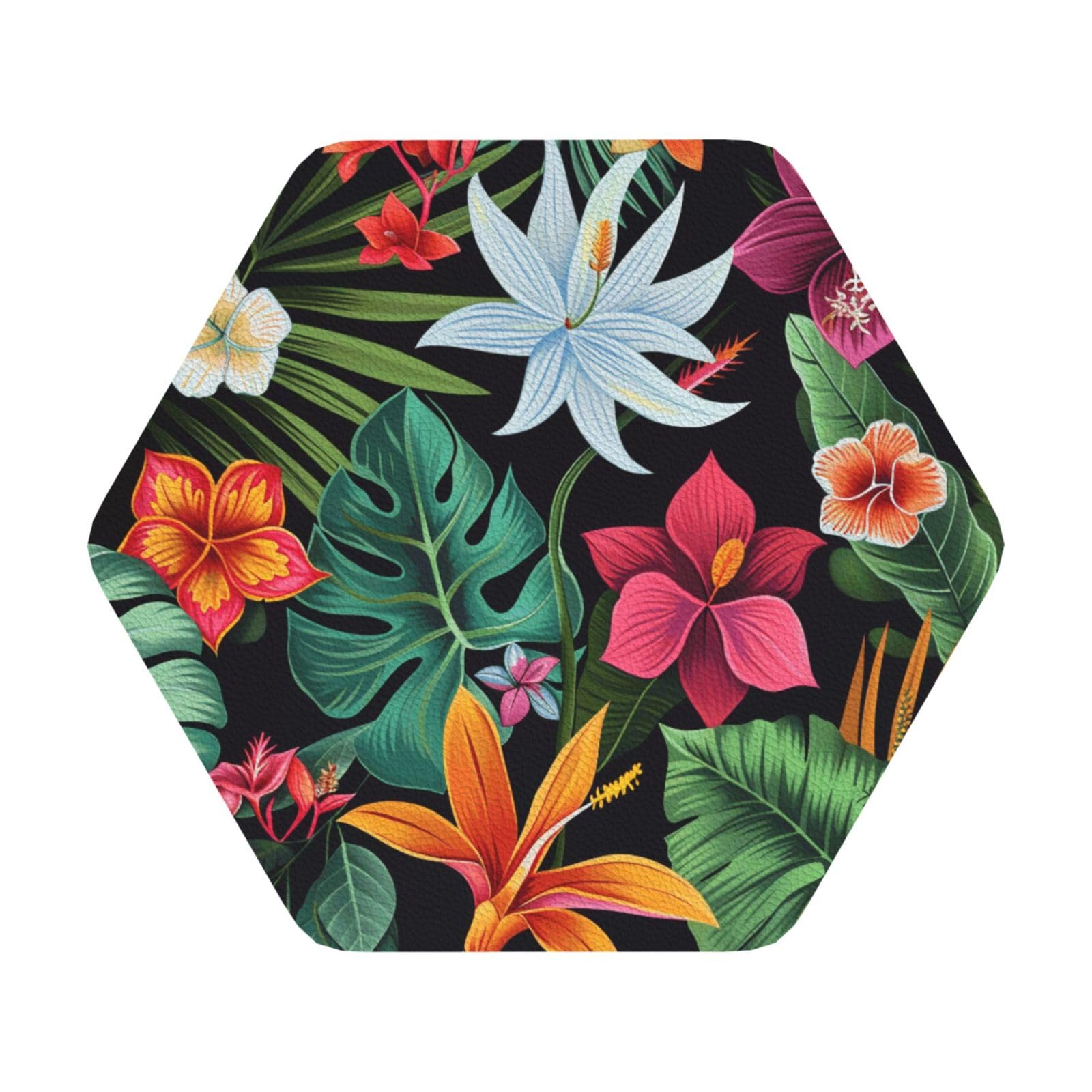 Tropical Flowers Print Leather Coaster Set of 6, Hexagon Coasters Table Decorative Coffee Cup Beverage Coasters Wine Beer Bar Coasters for Hot Drinks Table Protection