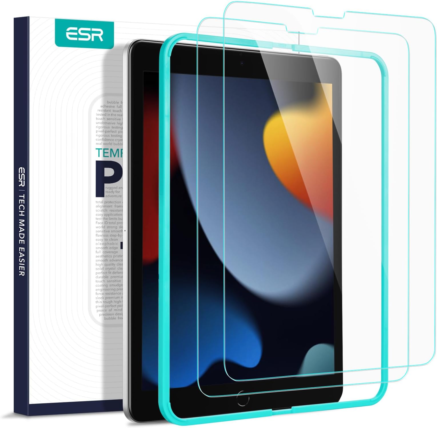ESR [2 Pack] for iPad 9th Generation Screen Protector, Screen Protector for iPad 9/8/7 (2021,2020,2019,10.2 Inch), Scratch-Resistant, 9H Hardness, Premium Tempered Glass, Includes Installation Frame