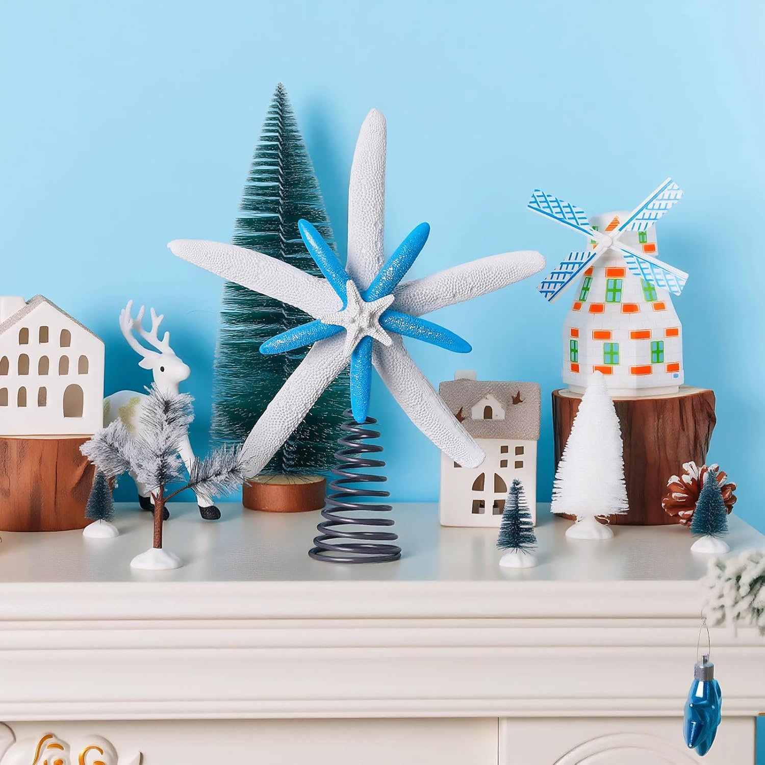11 Inches Christmas Starfish Tree Topper Coastal Christmas Tree Decor Beach Christmas Vacation Decorations (Blue)