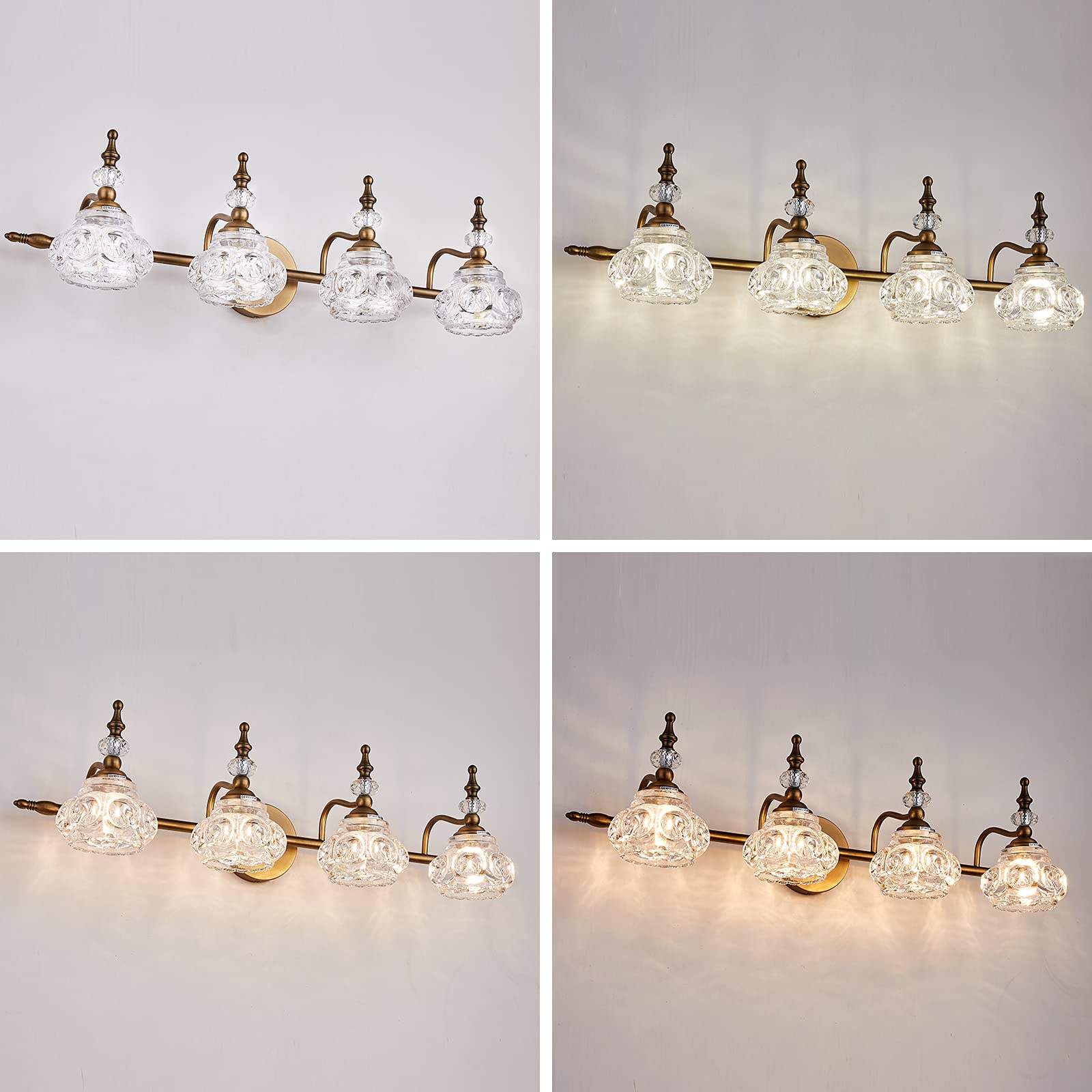 ZILANL Vintage Bathroom Vanity Light Fixtures, 4 Lights Bathroom Vanity Light, Bathroom Lighting with Crystal Glass Lampshade, Matte Brushed Antique Brass Finish, Soft Light Without Dazzling
