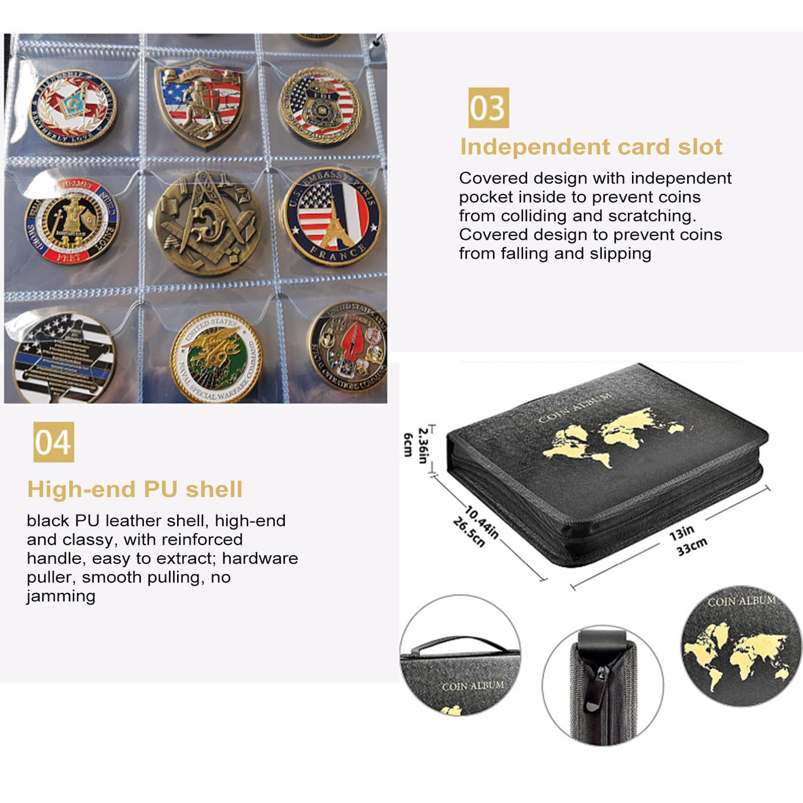 Generisch Collezionista di monete – Album di monete trasparente portatile | raccoglitore con copertina in pelle resistente per monete, gettoni, valute, francobolli hobbisti, numismatici