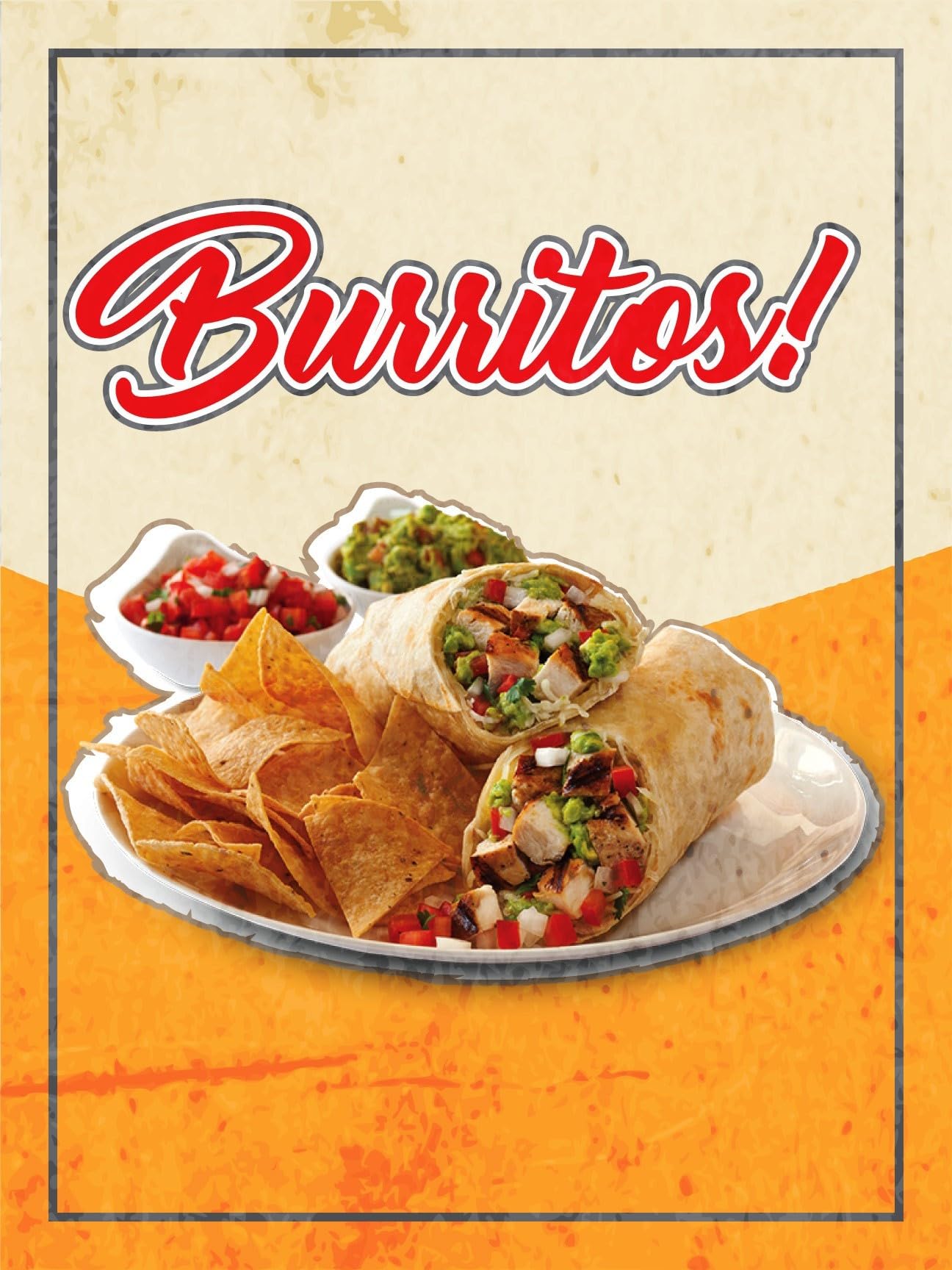Burritos! | Full Color Window Display Sign Board for Business | 18w x 24h Inches