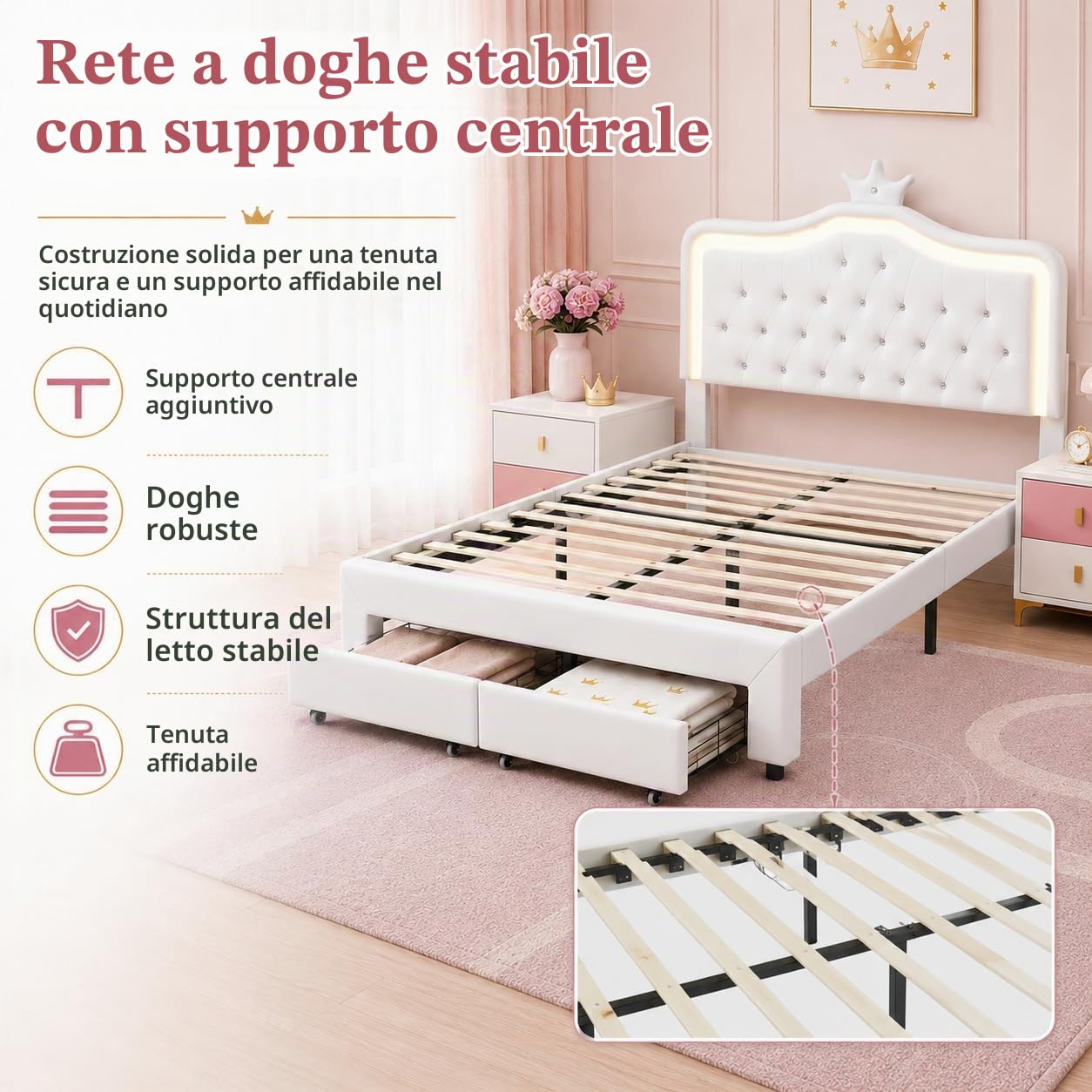 Letto imbottito 140 x 200 cm, letto principesse con illuminazione a LED, Letto matrimoniale con Testiera regolabile a forma di corona, Letto per bambini con rete a doghe e cassetto, senza materasso