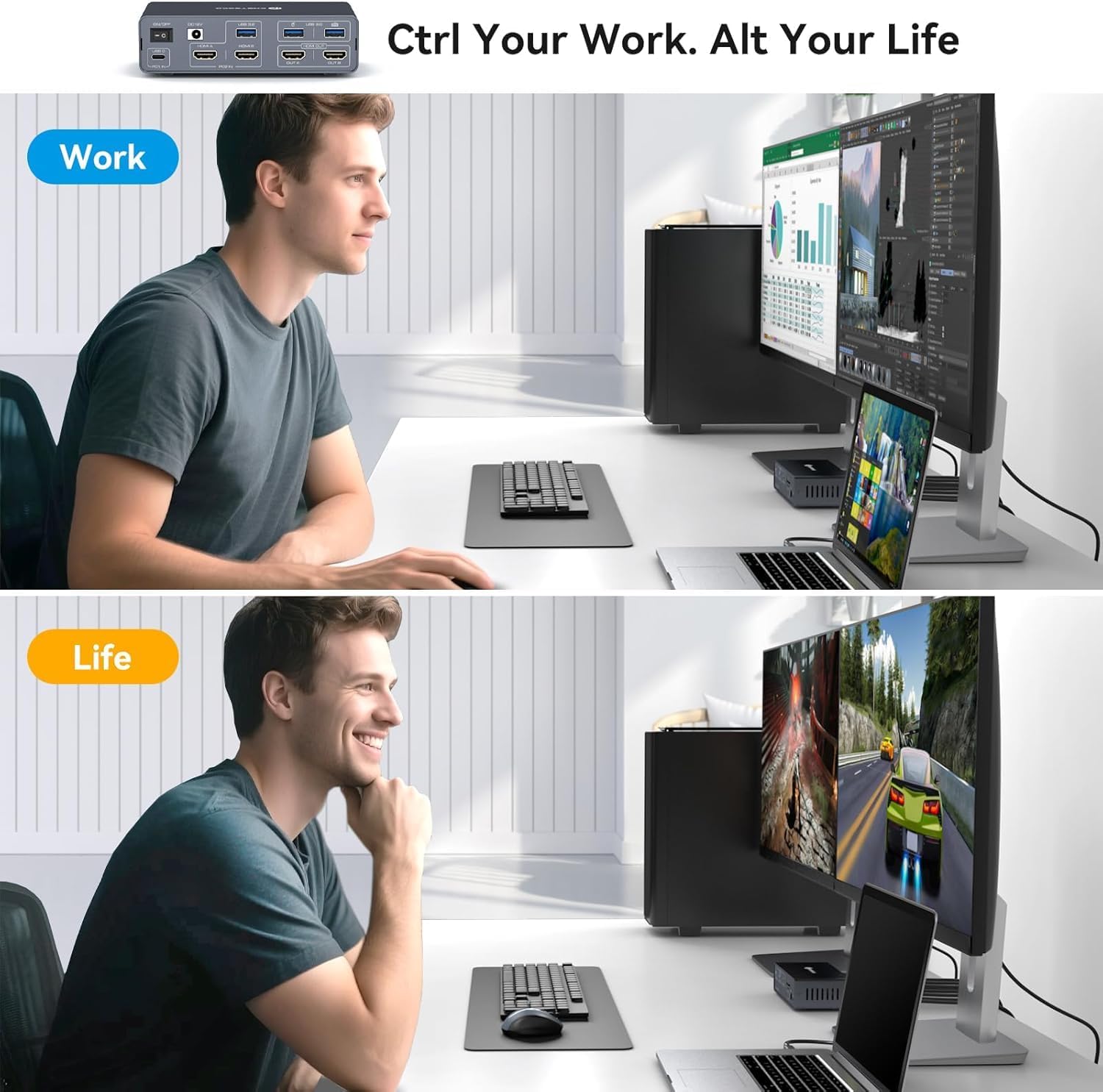 USB C Docking Station HDMI KVM Switch 2 Monitors 2 Computers 4K@60Hz KVM Switches Dual Monitor Extended Display for Laptop and Desktop Share 13 in 1 Dock Station