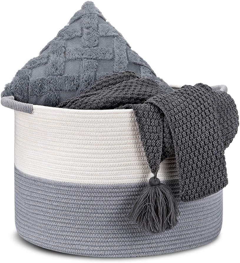Toy Basket Round Woven Storage Basket, Decorative Cotton Rope Basket with Weave Handles,Grey Blanket Basket Large Laundry Hamper, 20''X20''X13''
