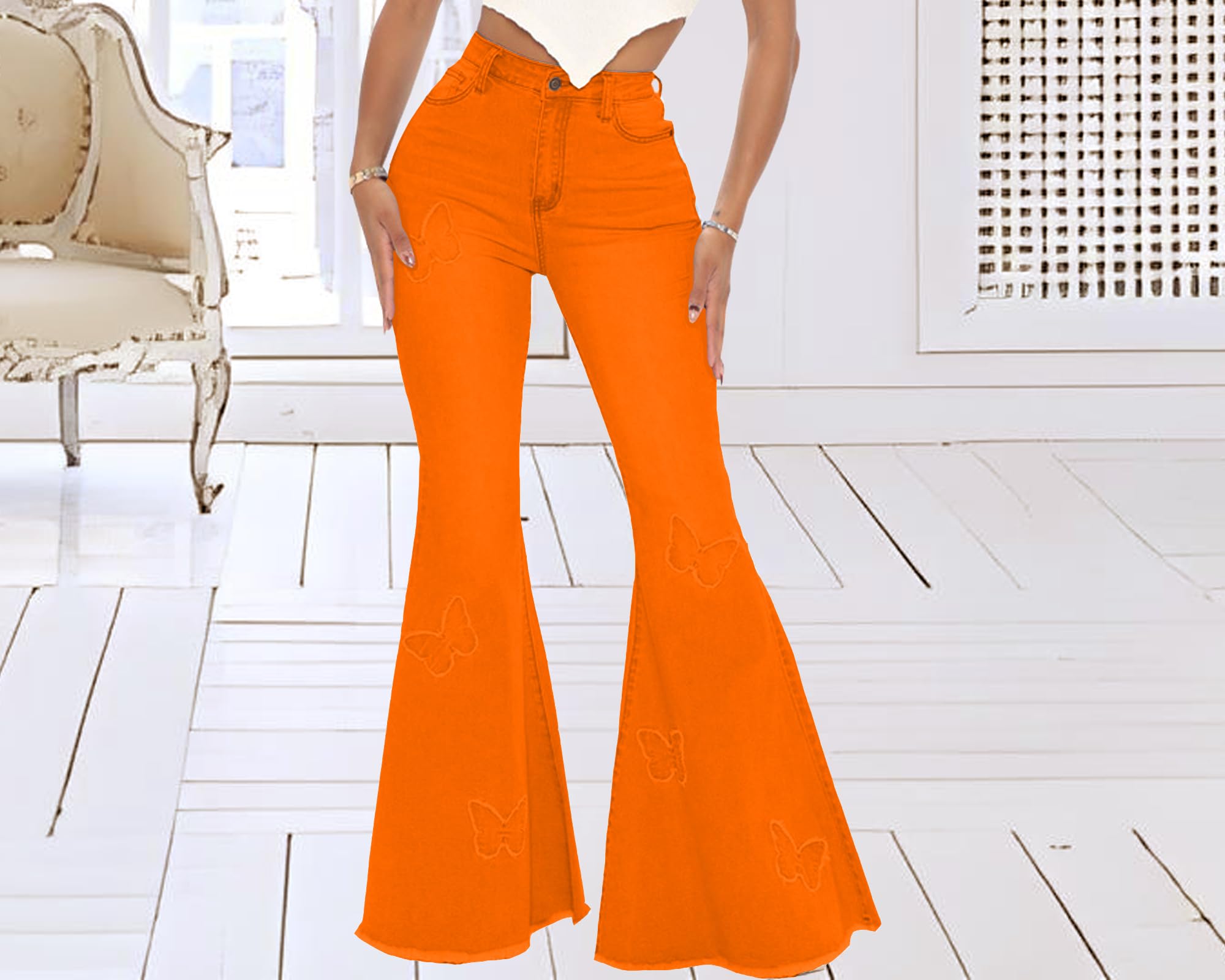 Women's Butterfly Bell Bottom Jeans Elastic High Waisted Embroidered Classic Flareed Jeans Raw Hem Denim Pants with Pocket: 3X-Large Orange