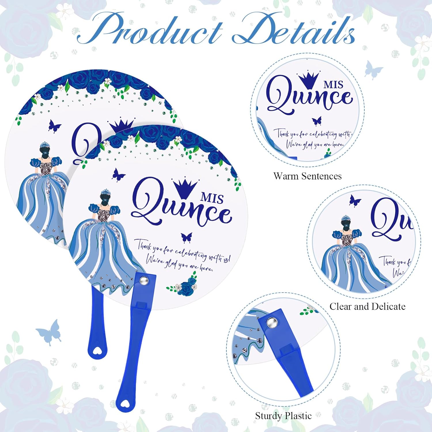 Cinnvoice 50 Quinceanera Party Favors for Guests Quinceanera Hand Fans Bulk Plastic Handheld Fans Mis Quince Gift for Girls Sweet 15 Birthday Party Decor Gift Adults Souvenirs (Blue)