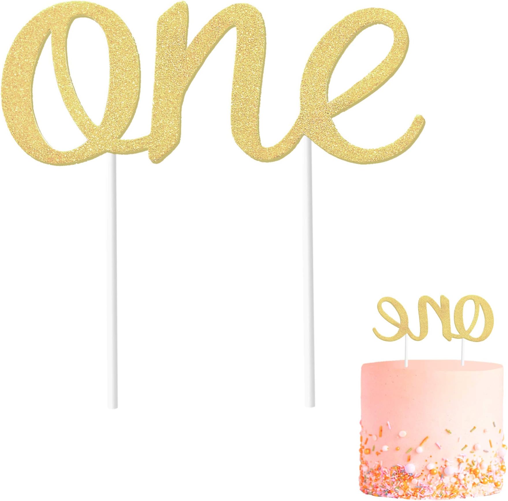 Gold 1st Birthday Topper, Double Sided Glitter, Number One Cake Topper Decoration, One Year Bday Party Decor for Girls and Boys, Couples And Marriage First Anniversary