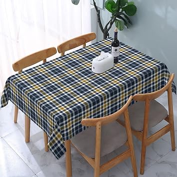 Washable Tablecloth, Navy Blue and Yellow Gold Sporty Plaid Rectangle Table Cover, Spillproof & Wrinkle-Free, for Farmhouse, Kitchen, Dining Room, Picnic Parties, 54 X 72 Inches