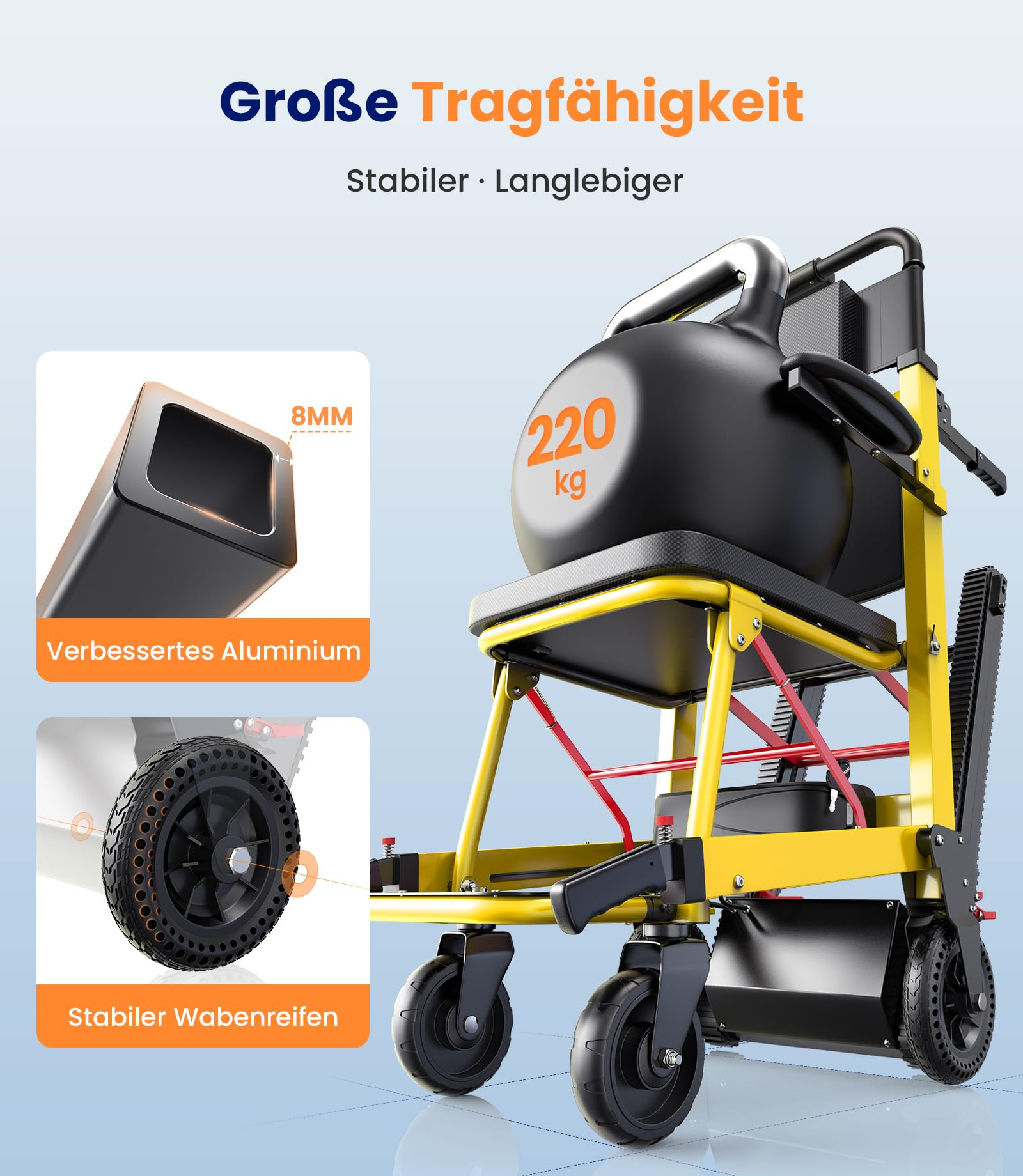 VOCIC Elektrisch Treppensteiger Rollstuhl Faltbar 220KG mit Gummikette AY04 | Elektrische Treppenhilfe Rollstühle für Senioren, Treppenlift Medizinische Rettungstrage mit LED Licht (Gelb)