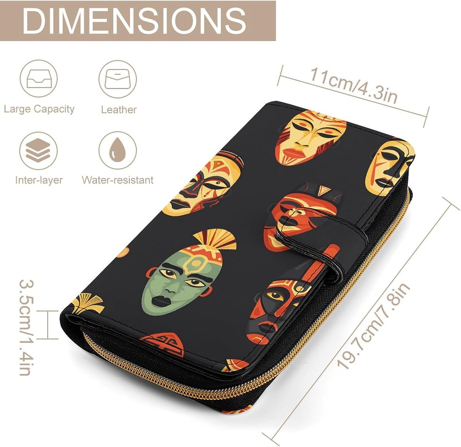 Long Leather Wallet Zipper Small Wallet Credit Card Wallet Tribal Mask Pattern Printed Coin PocketKey Bag Holiday Gifts Unisex Passcase